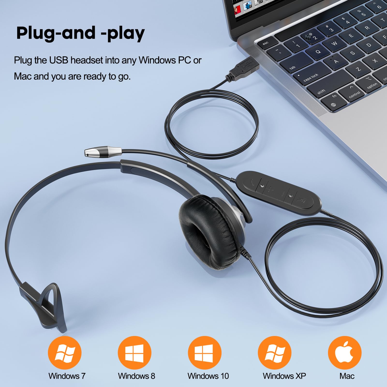 Mkj Usb Headset With Microphone For Pc Laptop, Computer Headset With Noise Cancelling Mic For Call Center And Office, Wired Headphones For Uc Platforms Business Skype Ms Teams Zoom Webex Facetime