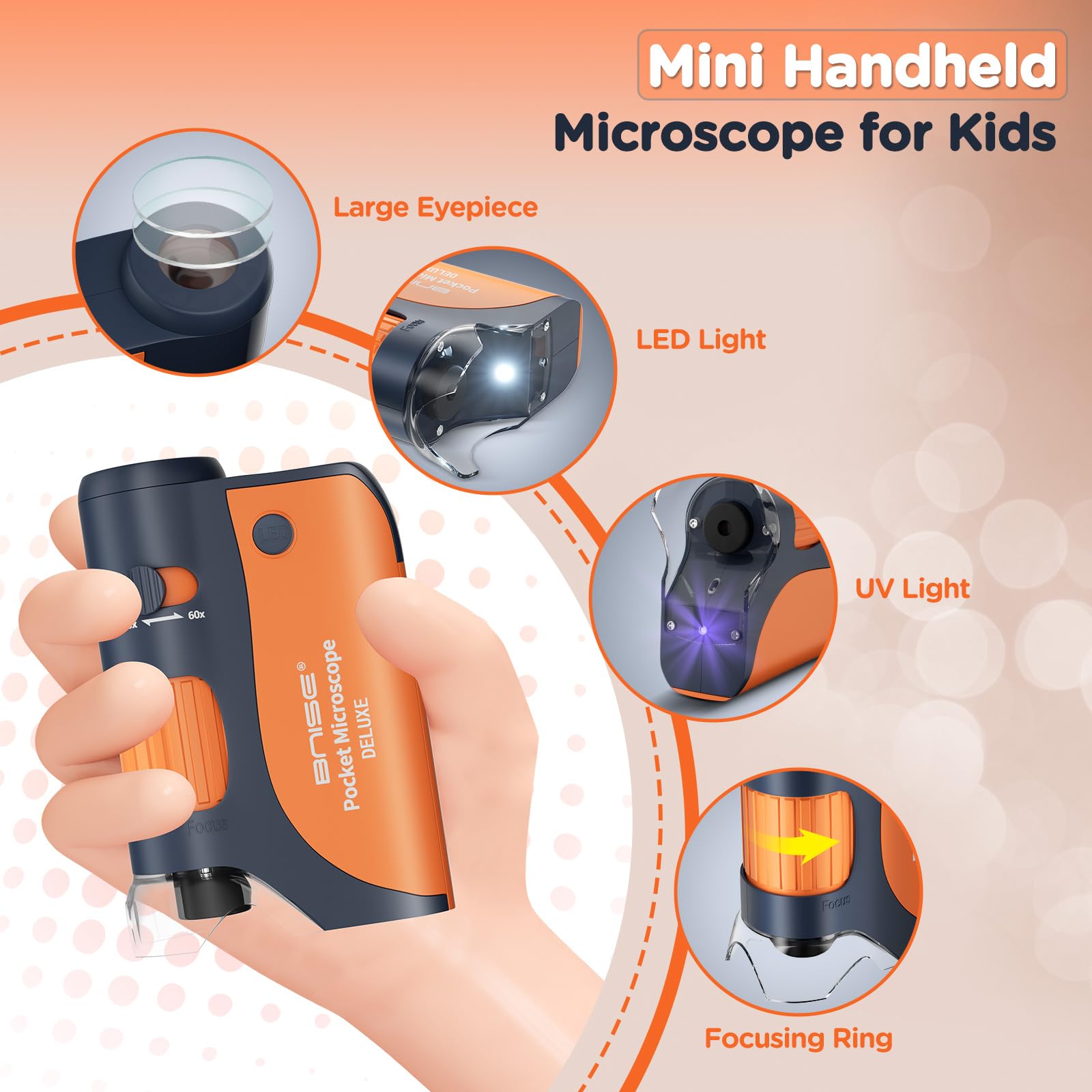 Bnise Pocket Microscope, Portable Mini Microscope Kids 60X 120X, Handheld Microscope With 5 Microscope Slides And Carrying Case