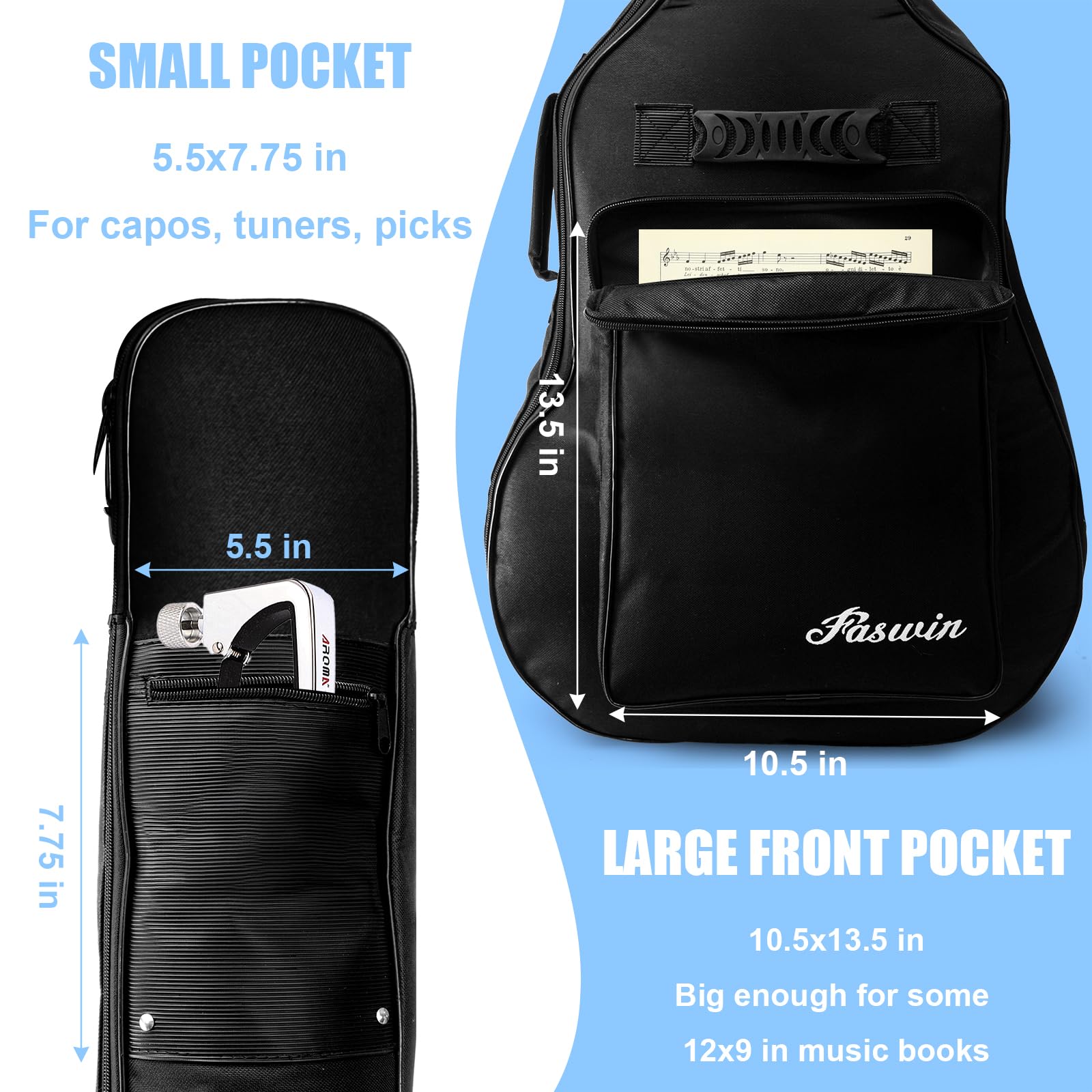 Faswin 41 Inches Guitar Bag Dual Adjustable Shoulder Strap Acoustic Guitar Case Gig Bag, Waterproof Oxford Cloth 0.3 Inch Thicke