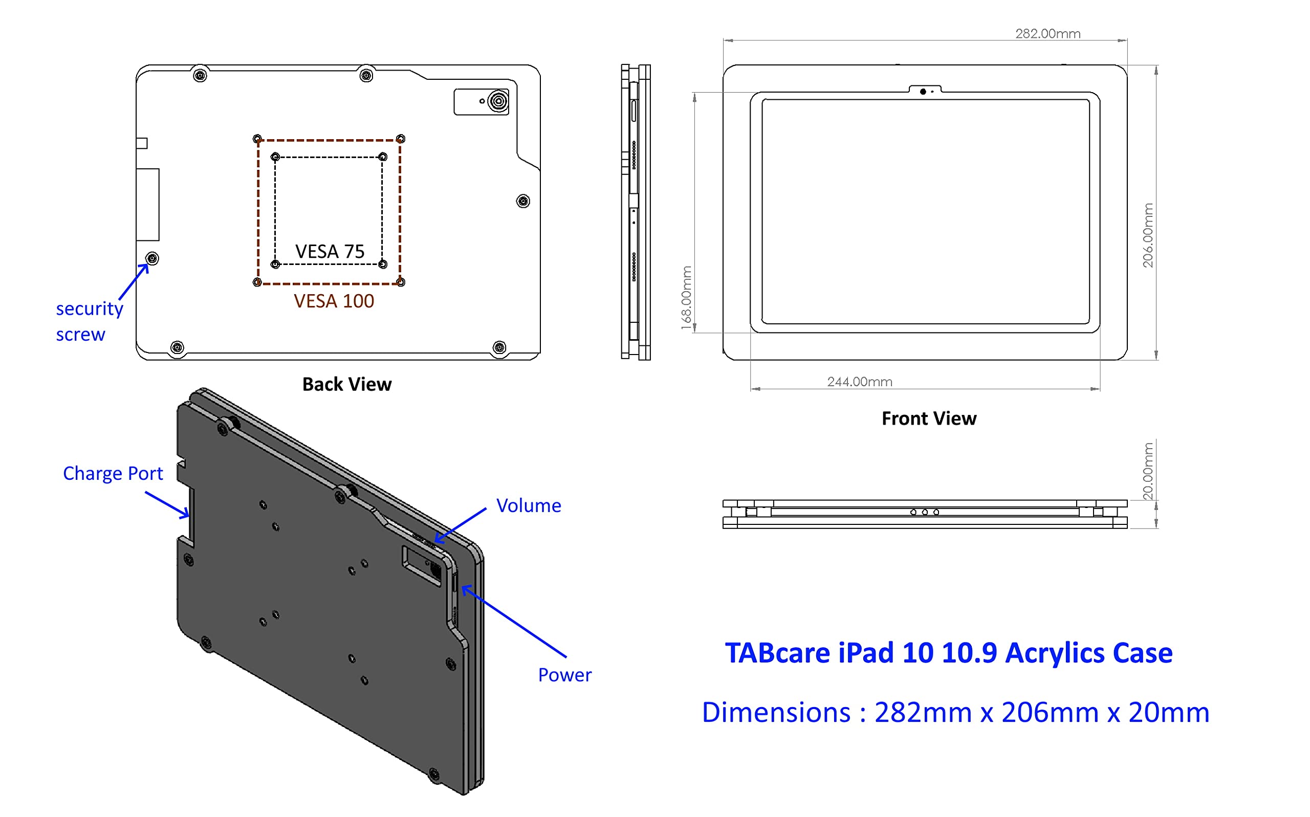 Tabcare Anti Theft Acrylic Vesa Enclosure For Apple Ipad 10 10.9' 2022 With Free Wall Mount Kit & 90 Degree Angle Usb C Charge Cable (Ipad 10 10.9', Clear)