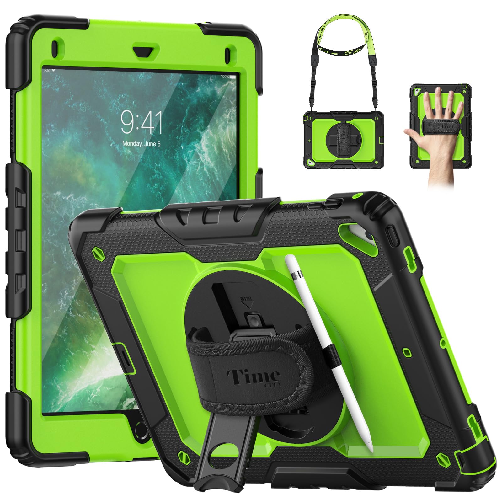 Timecity Case For Ipad 6Th/ 5Th Generation 9.7 Inch 2018/2017 Case With Rotating Stand Handle Strap, Full Body Silicone+Pc Durab
