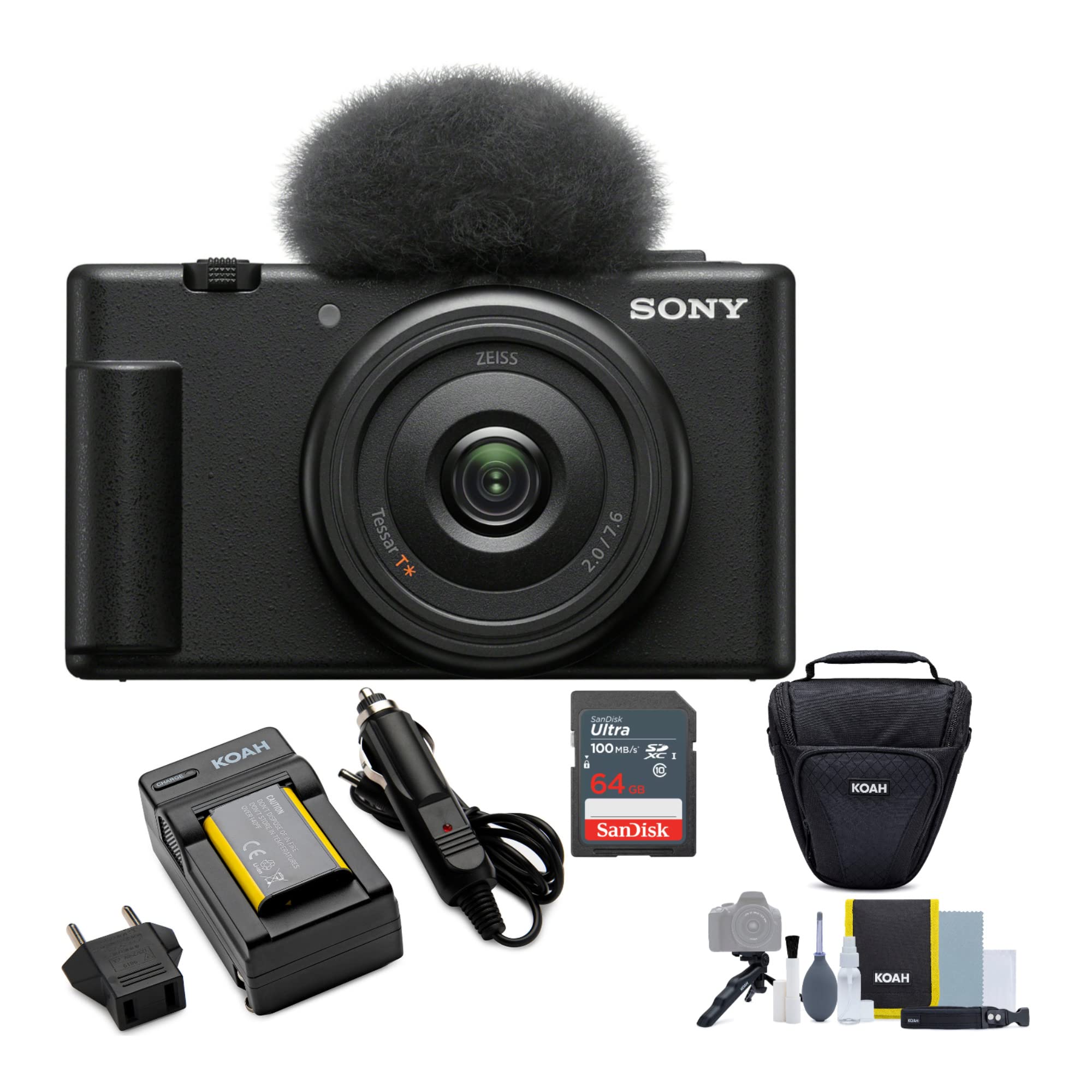 Sony ZV 1F Vlog Camera for Content Creators and Vloggers (Black) Bundle with Holster Camera Case and Accessory Bundle, Photo Video Art Suite, 64GB Memory Card and Lithium Ion Battery Pack (5 Items)