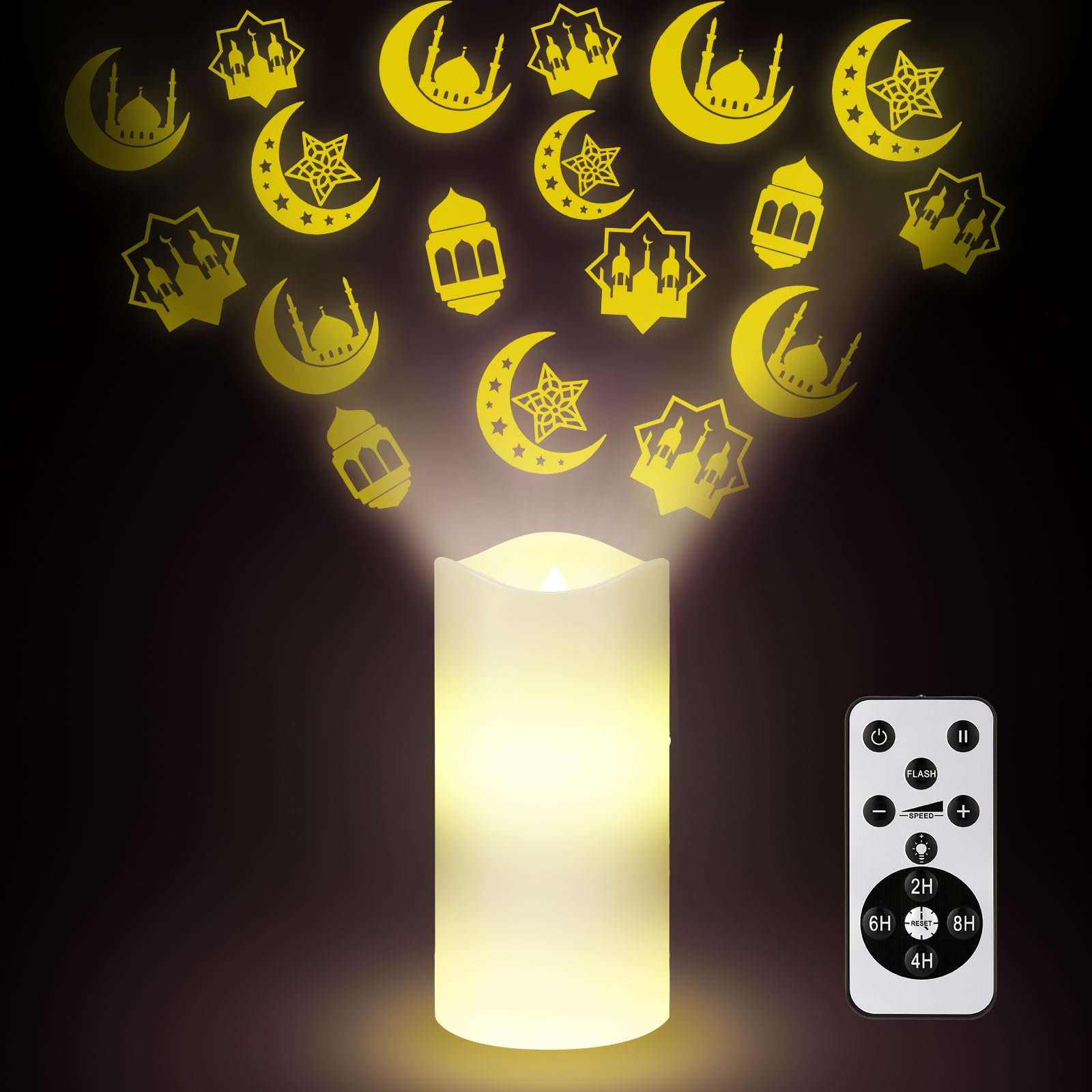 Baquler Ramadan Flameless Candles Projector Light Eid Mubarak LED Candle Battery Operated Star Moon Night Light with Remote and 