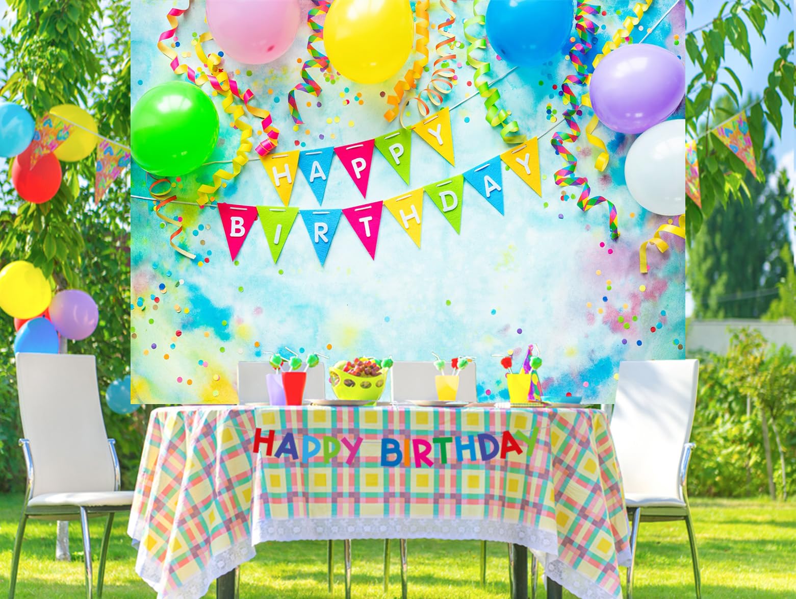 Beleco Birthday Polyester Fabric Backdrop, 5X3Ft, Includes Happy Birthday Decorations, Balloons, Banner, For Kids Birthday Party
