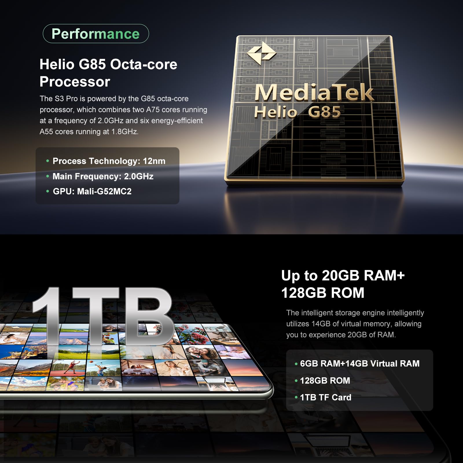 Fossibot S3 Pro Unlocked Smartphone 6.67 Fhd+ Amoled Curved Display 1.09 Functional Rear Display Mtk Helio G85 Chips 20Gb+128Gb