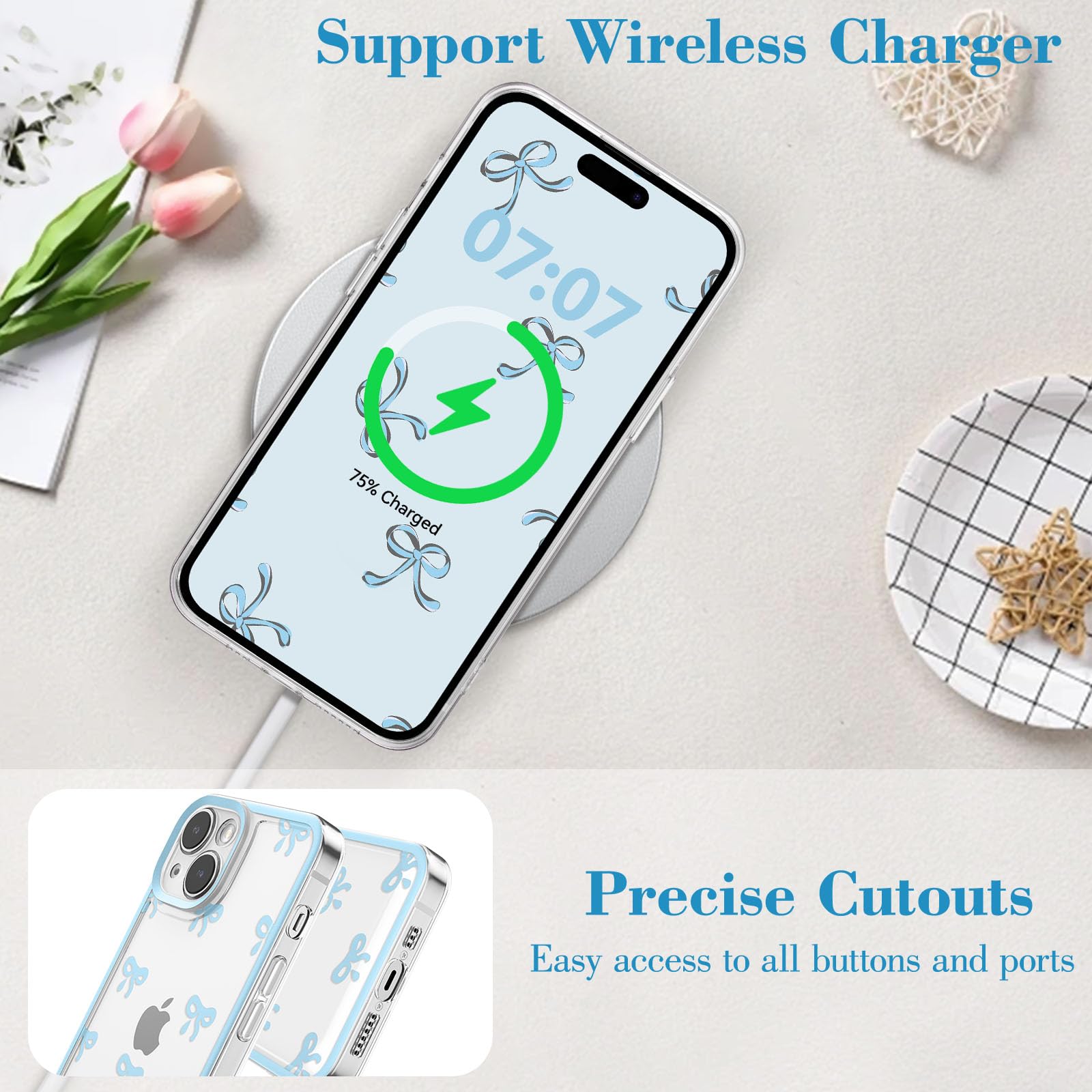 Eyzutak Case For Iphone 13, Clear Cute Ribbon Bowknot Pattern Aesthetic Transparent Phone Case Raised Camera Protection Stylish