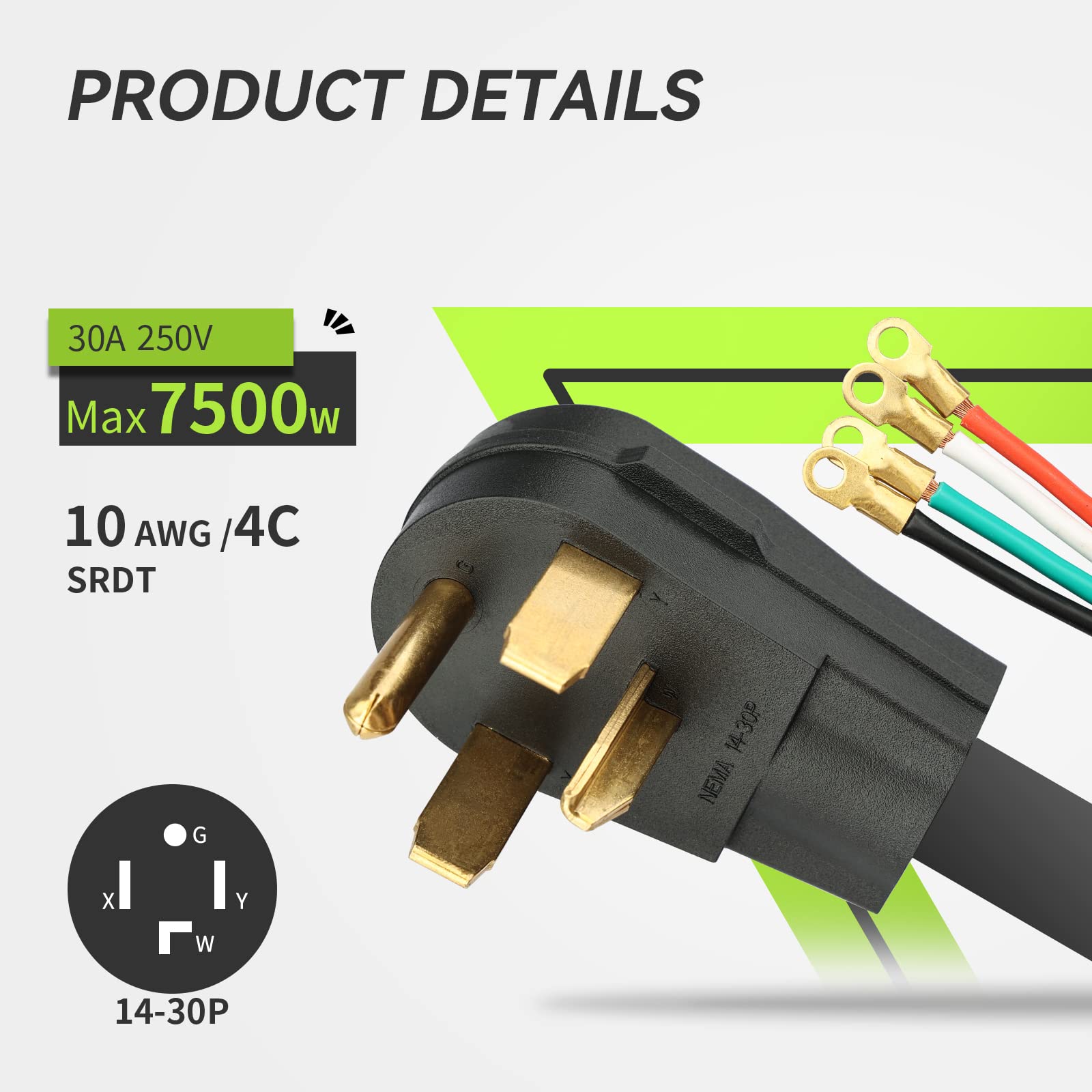 Rvmate 4 Prong Srdt Dryer Cord 10 Feet, 30 Amp Appliance Power Cord (Nema 14 30P To 4 Wire), 4 Wires With O Ring Terminal Connec