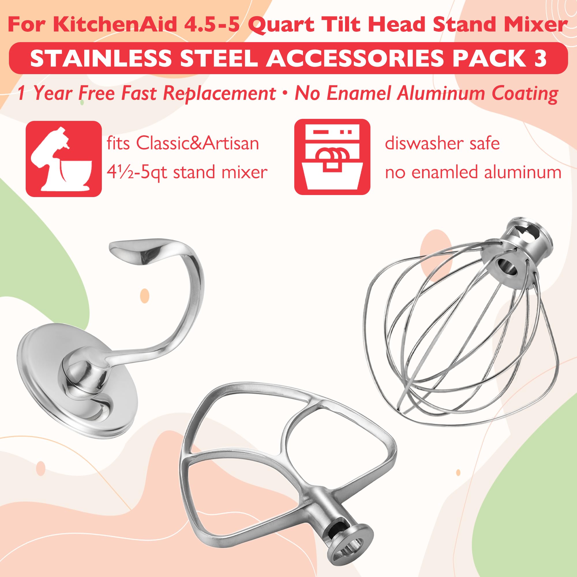 Wiselet Stainless Steel Accessories For Kitchenaid 4.5 5 Qt Tilt Head Stand Mixer, Includes 6 Wire Whisk, Flat Beater, Dough Hoo
