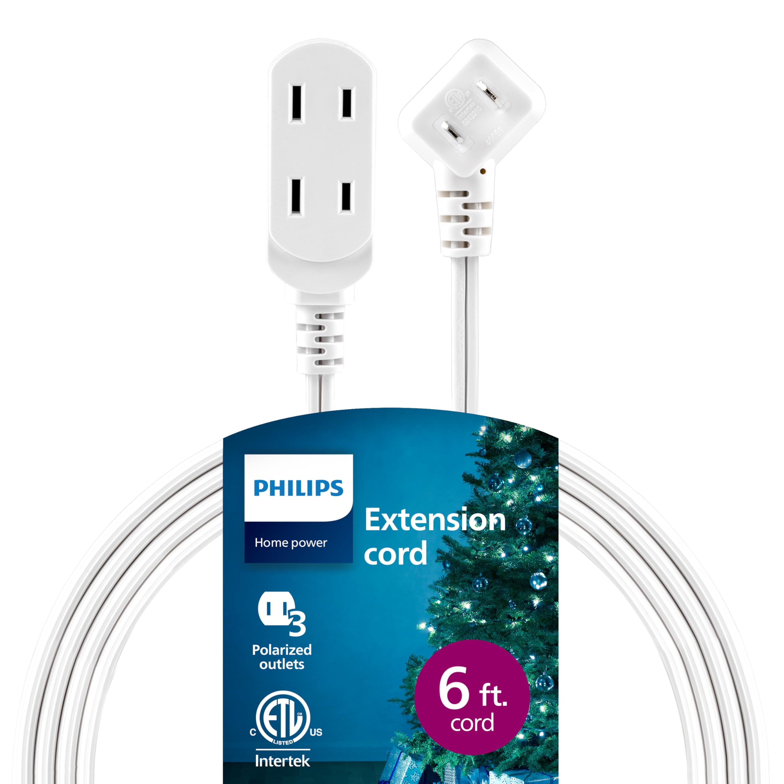 Philips 3 Outlet Flat Plug Extension Cord   6 Ft, Indoor Use, Safety Slide, 2 Prong White, Etl Listed Sps3613W/37