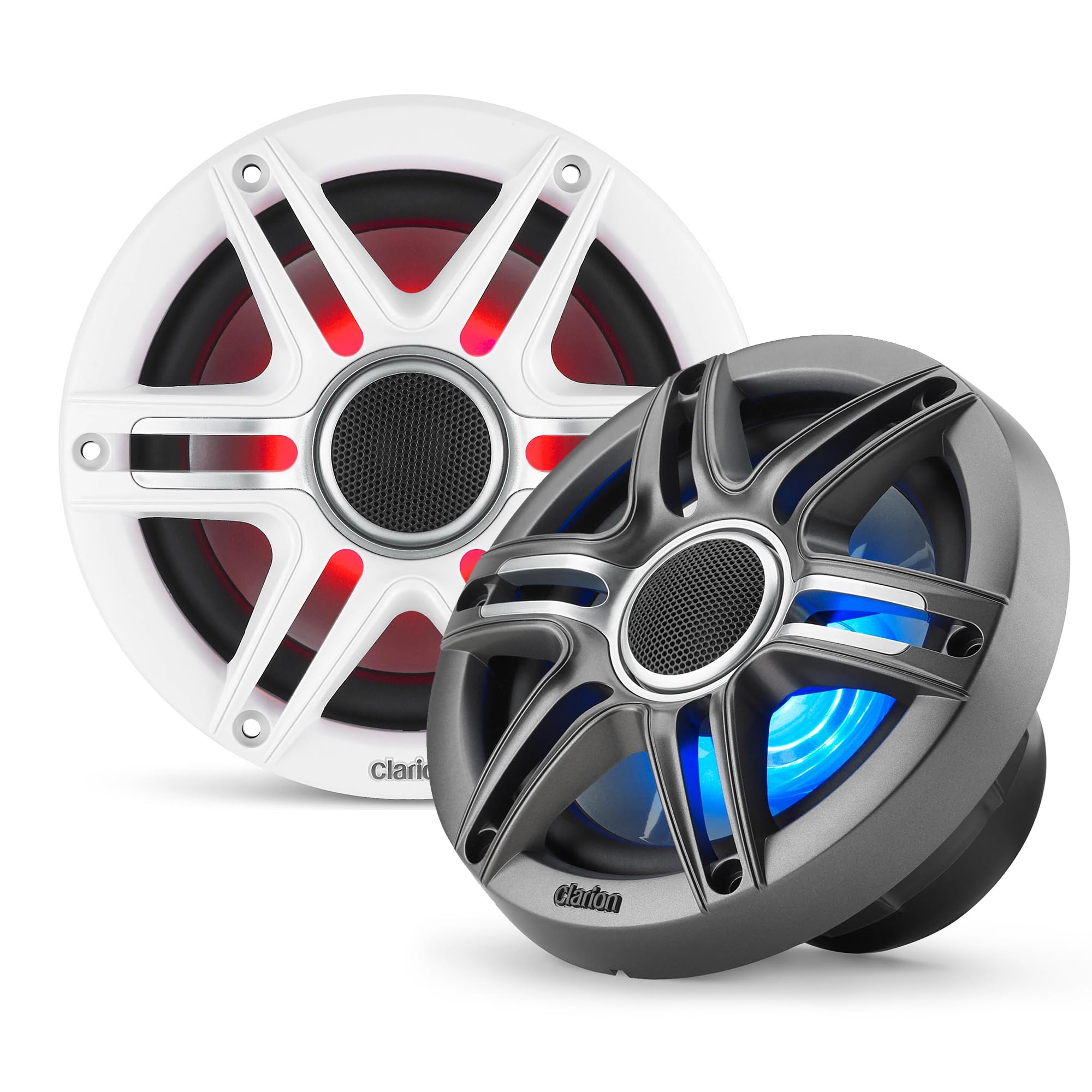 Clarion CMSP-651RGB-SWG Premium 6.5-inch Coaxial Marine Speakers with Built-in RGB Illumination, 50W RMS, with White & Gray Meta