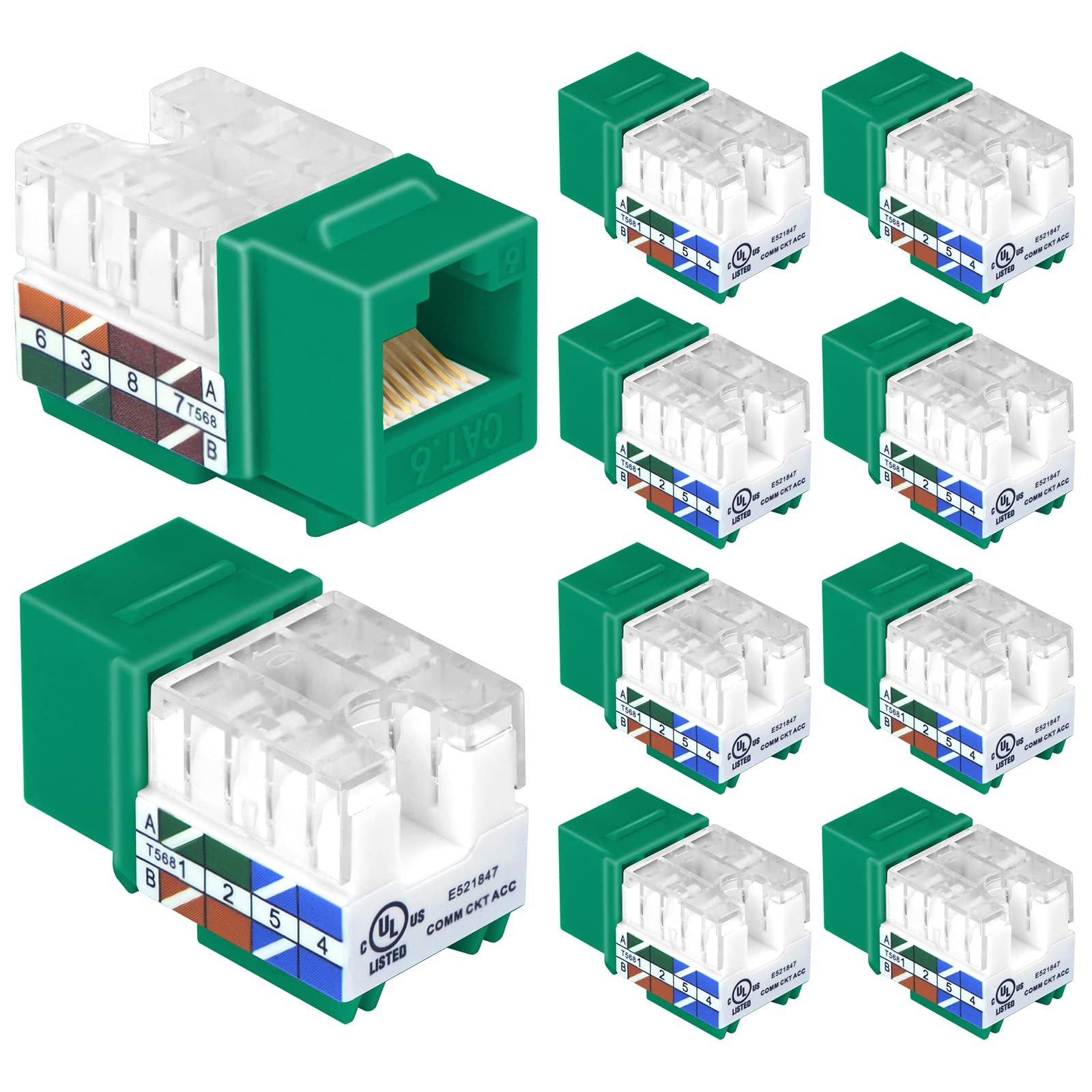 Vcelink Rj45 Cat6 Keystone Jacks Slim Profile Ul Listed 10 Pack, 90 Degree Ethernet Punch Down Keystone Jack Adapter In Green