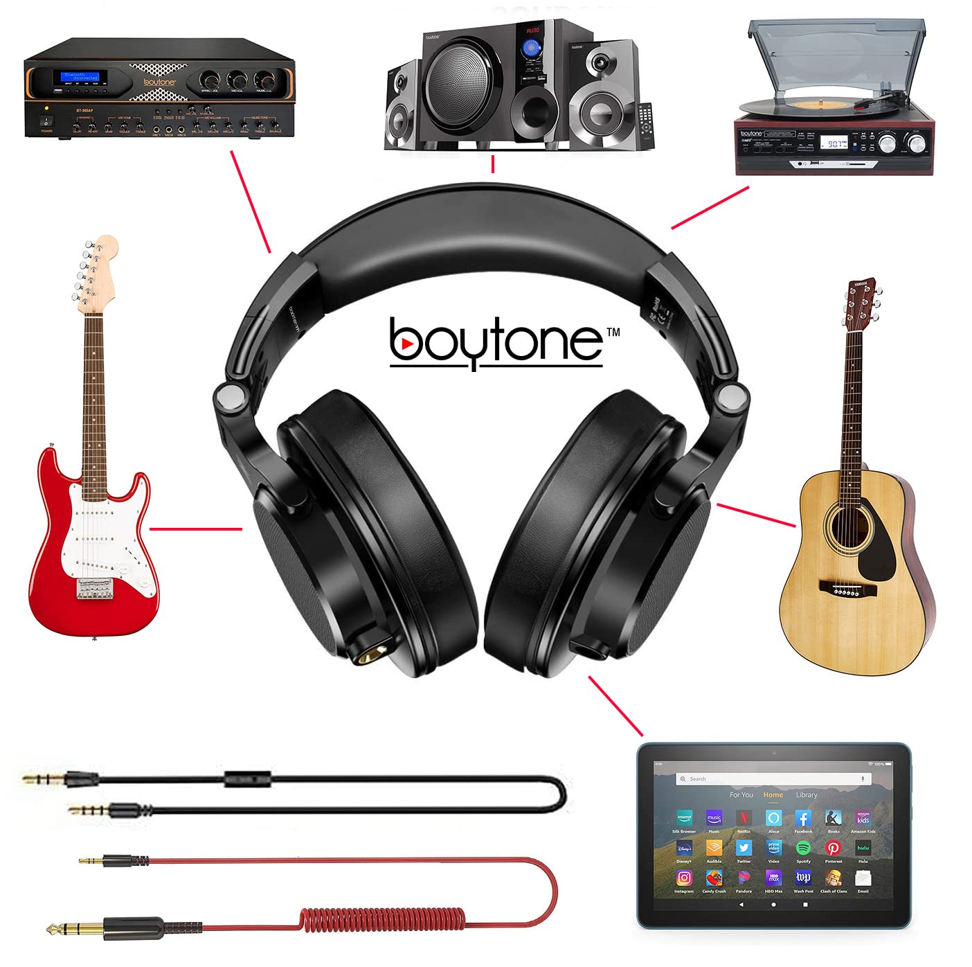 Boytone Bt 10Bk Wired Over Ear Headphones Studio Monitor & Mixing Dj Stereo Headsets With 50Mm Drivers And 1/4 To 3.5Mm Audio Ja