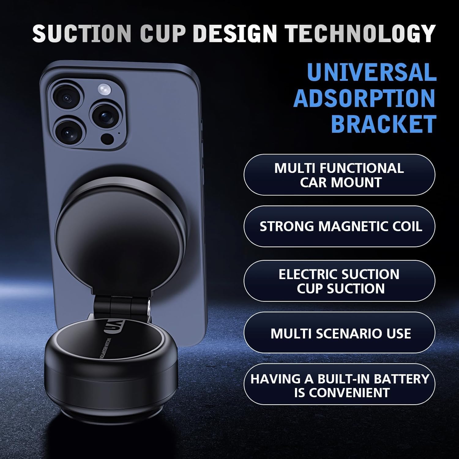 Electric Vacuum Car Phone Mount - Foldable, Double-Sided Magnetic Holder For All Phones (Black)