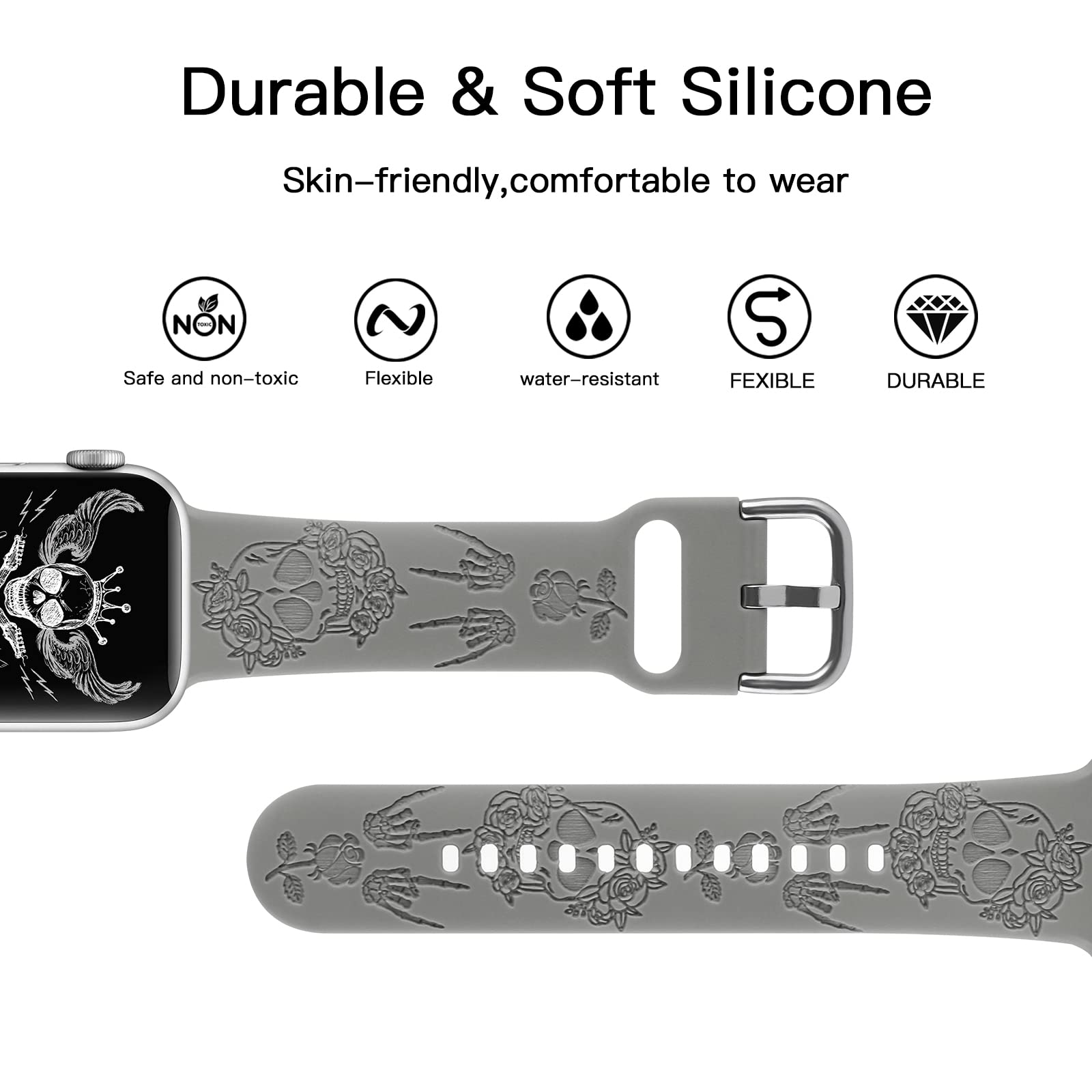 Halloween Floral Engraved Silicone Band Compatible With Apple Watch 42Mm 44Mm 45Mm For Women Men,Skull Pattern Laser Printed Sof
