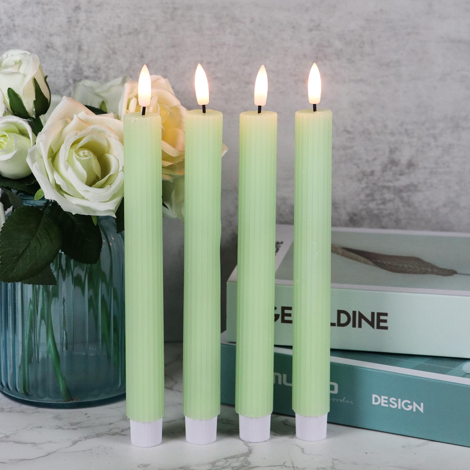 Dromance Green Flameless Flickering Taper Candles Battery Operated With 10 Key Remote And Timer 6 Packs 3D Wick Vertical Stripe