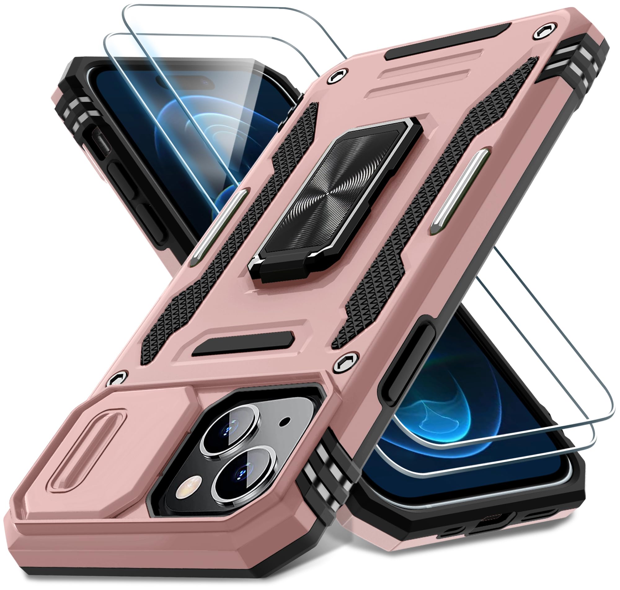 Deerlamn Case For Iphone 15 With Slide Camera Cover + Screen Protector (2 Packs), Rotated Ring Kickstand Military Grade Shockpro