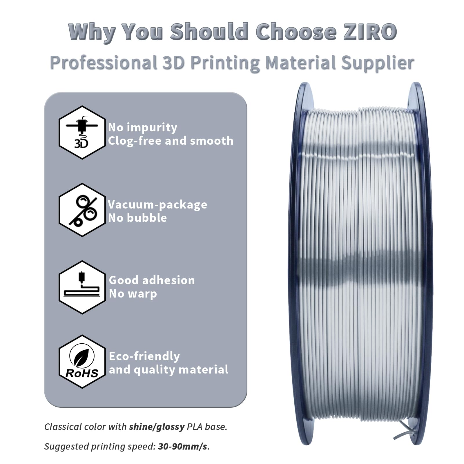 Ziro Pla 3D Printer Filament, Silky Silver Pla Filament 1.75Mm 1Kg/2.2Lbs Spool, Shiny Shine 3D Printing Material, Metal Metalli