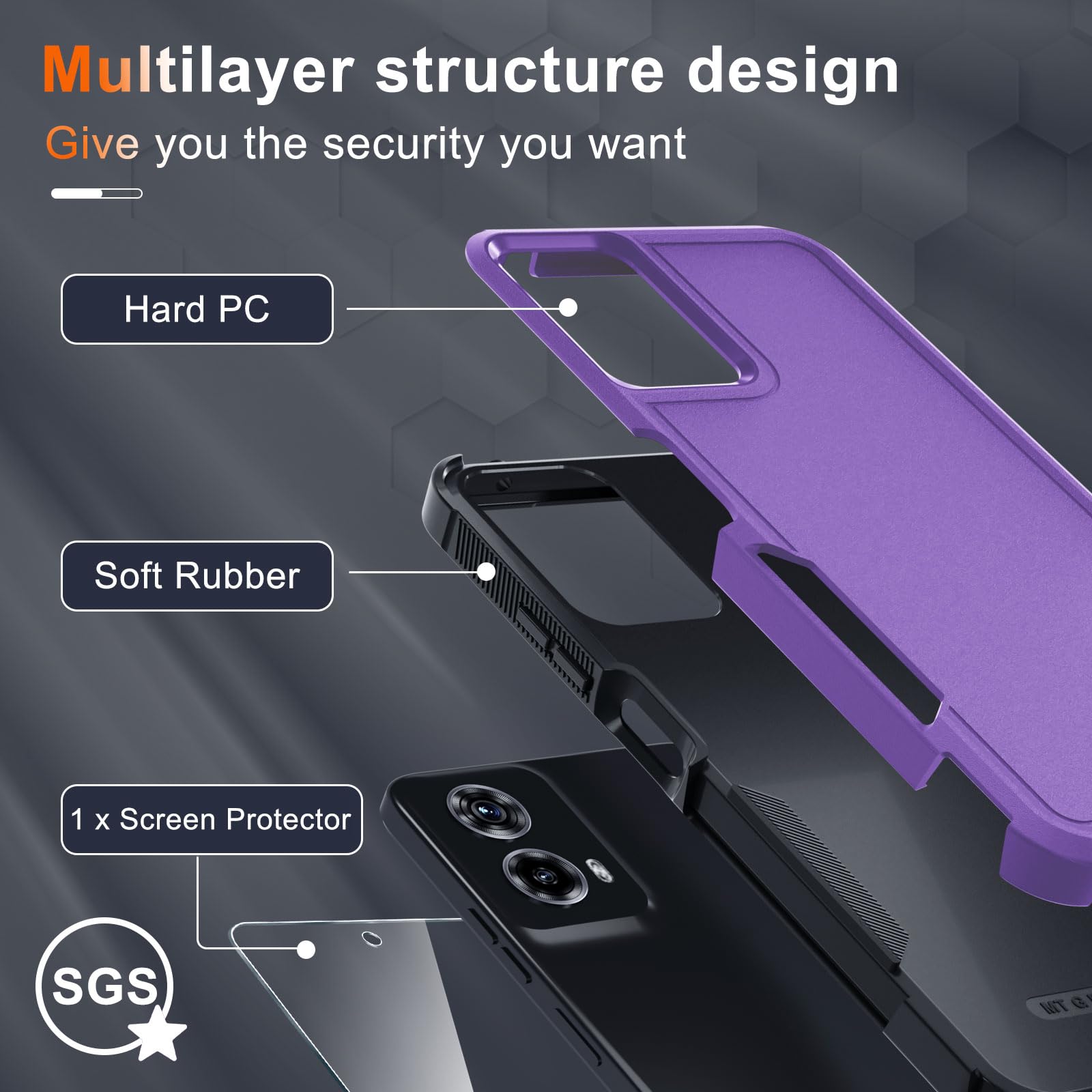 Rmocr Case Compatible With Moto G 5G 2024, Full Body Heavy Duty Rugged Shockproof Protective Phone Cover With Lanyard Strap, Tem