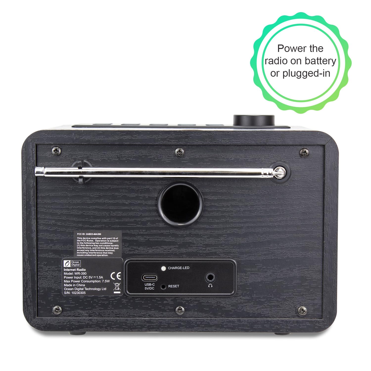 Ocean Digital Wr 390 Wi Fi Internet Radio, Fm, Bluetooth Speaker, Rechargeable, 4 Preset Buttons, Alarm Clock, Dimmer, Auto Off