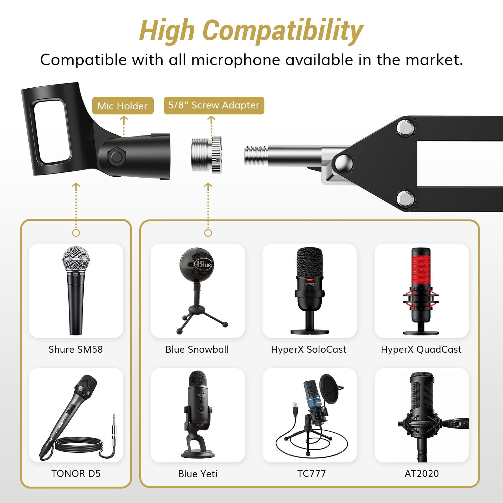 Tonor Microphone Boom Arm With High Riser, Adjustable Mic Stand, Arm With Extra-Large Pop Filter, Perfect For Podcasts, Streamin