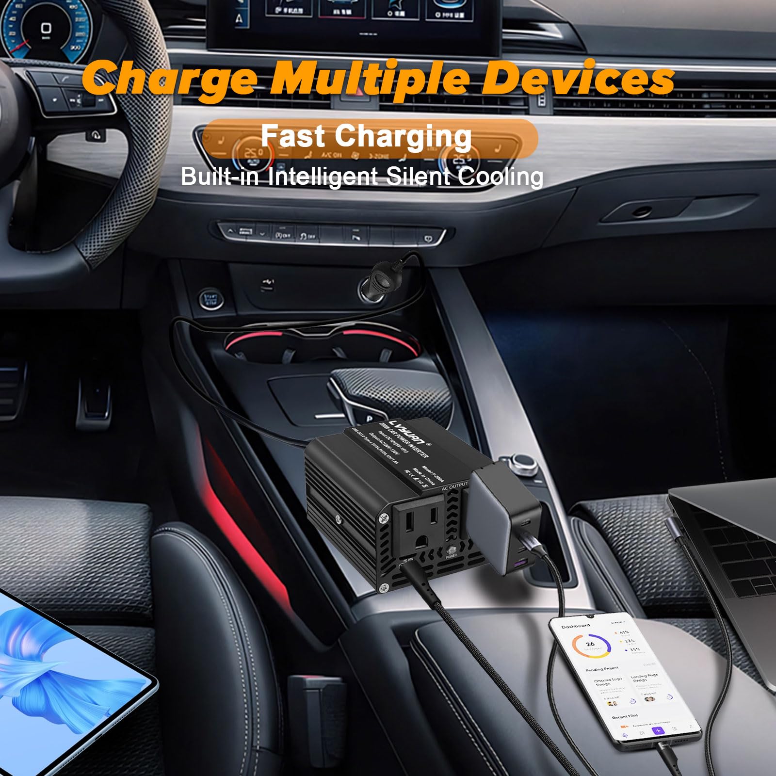 200W Car Power Inverter, Lvyuan Fast-Charging Car Outlet Adapter 20W Pd/18W Qc Inverter Dc 12V To 110V Ac Car Converter With Dis