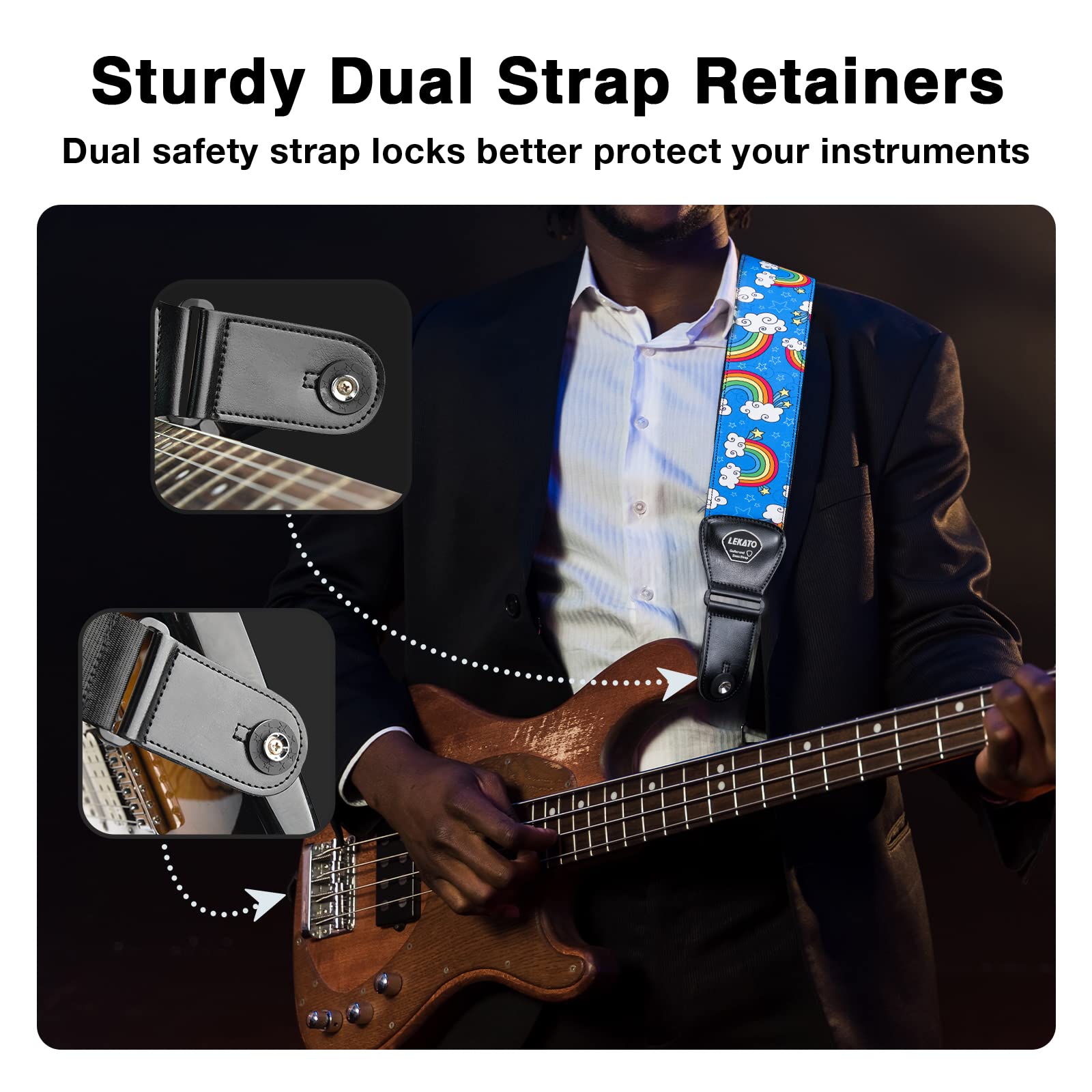 Lekato Guitar Bass Strap For Electric Guitar Bass, 3'' Wide Padded Guitar Strap Neoprene Pad With 3D Sponge Filling Adjustable L