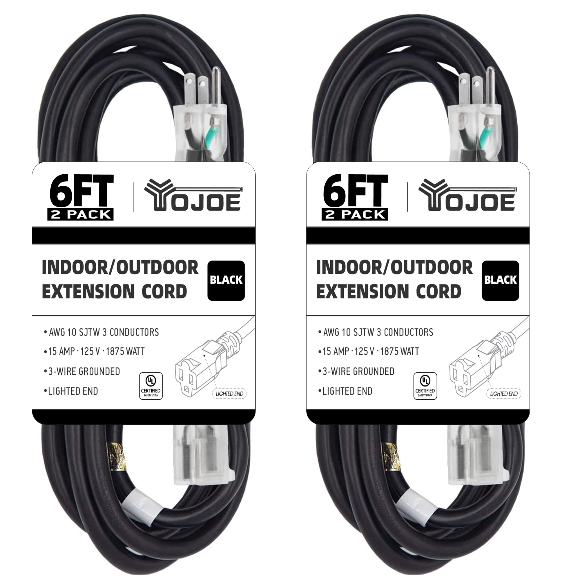 Yojoe Indoor Outdoor Extension Cord With Lighted End, 2 Pack 3 Prong 15A Weatherproof Power Extension Cord, 10 Gauge Heavy Duty