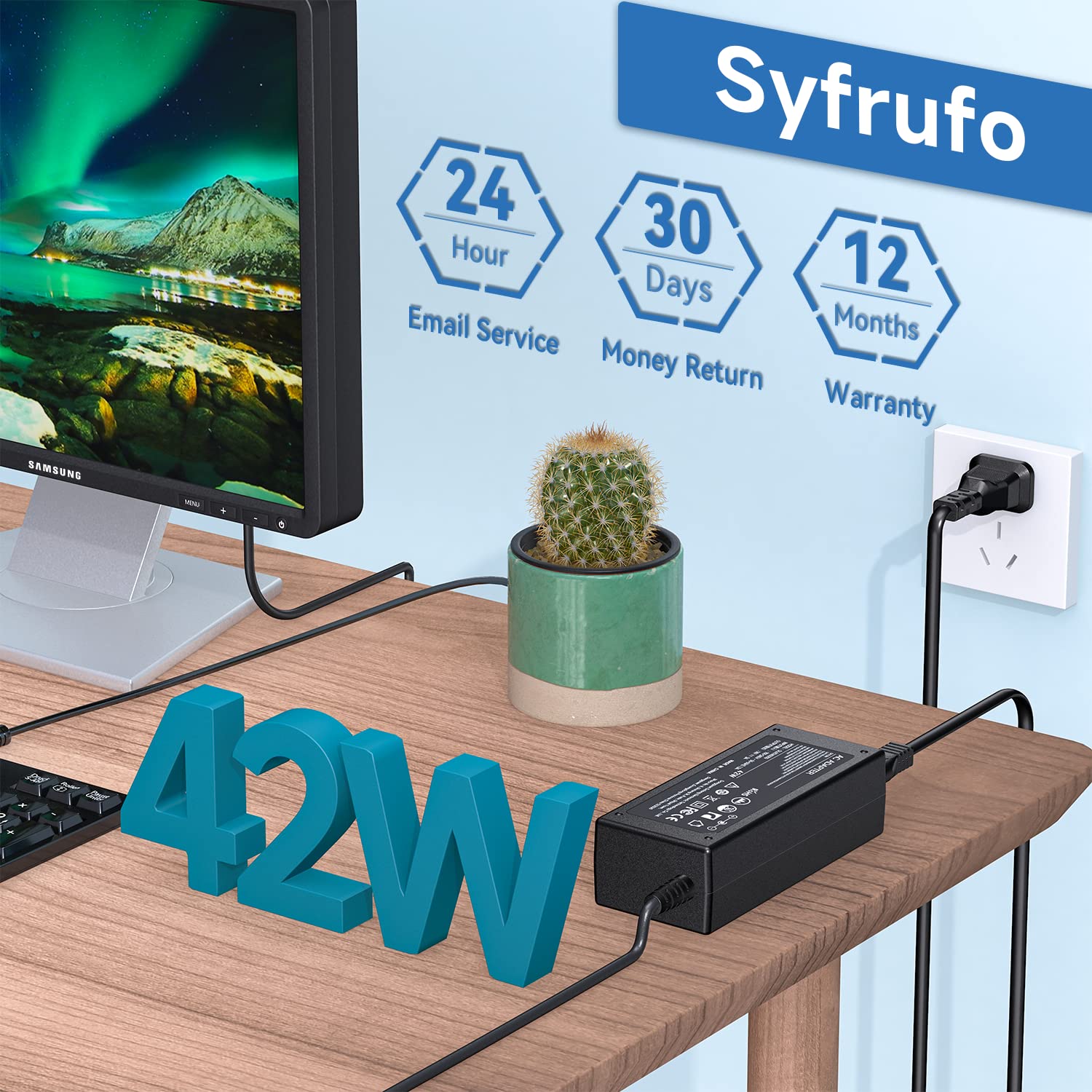 Syfrufo 14V Power Cord for Samsung Monitors 15-27, Compatible with SyncMaster S22C300H, P2770, UE590, Black AC/DC Adapter