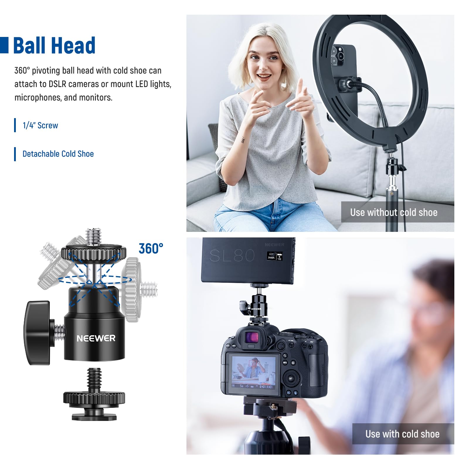 Neewer Camera Desk Mount With C Clamp, 2 Pack 13.8'' 23.6'' Adjustable Desktop Light Stands With 1/4'' Ball Heads Cold Shoe Adap