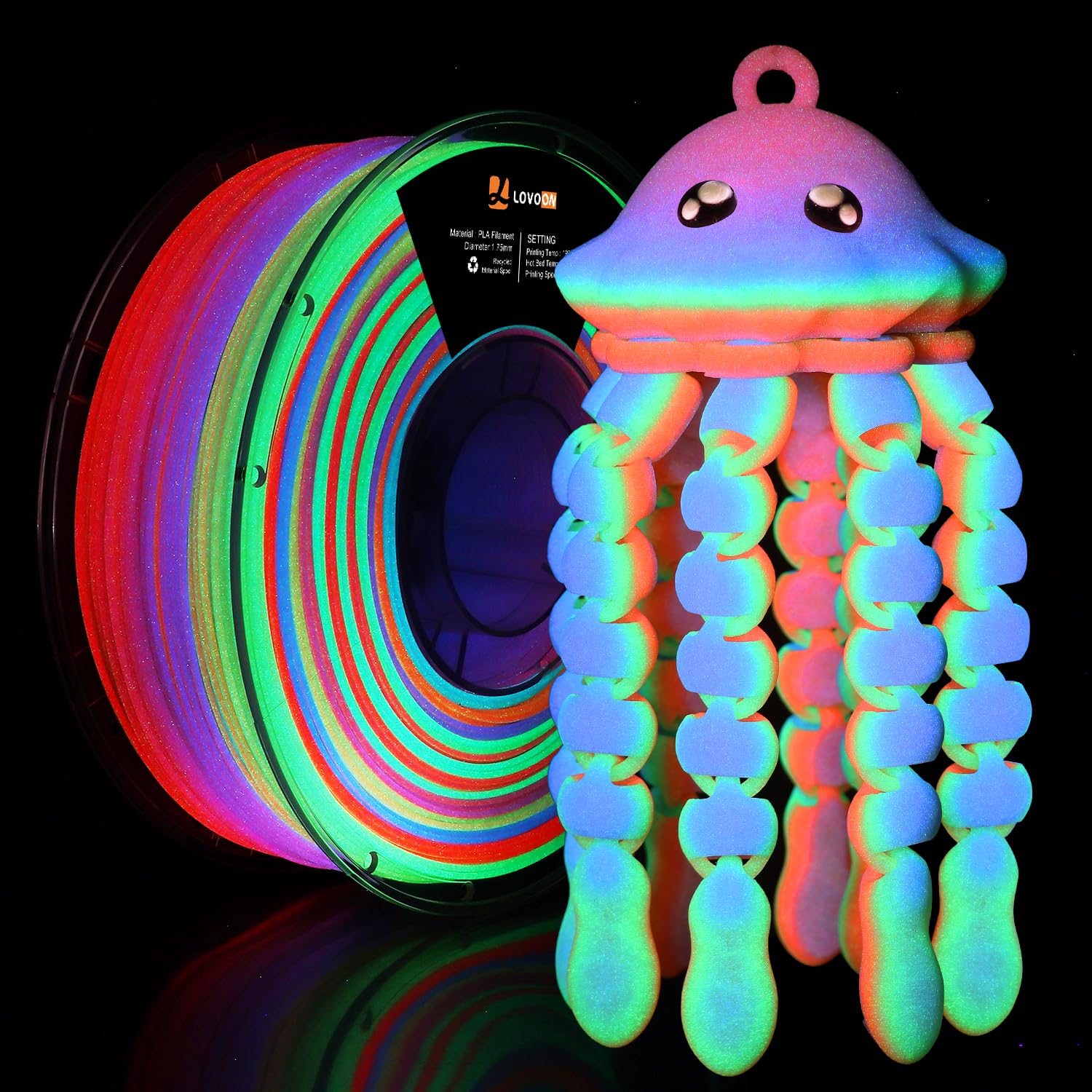 LOVOON 3D Printer Filament Luminous Glow Rainbow PLA,Magic irradiative 3D PLA Filament 1.75mm, for Halloween and Christmas Decor