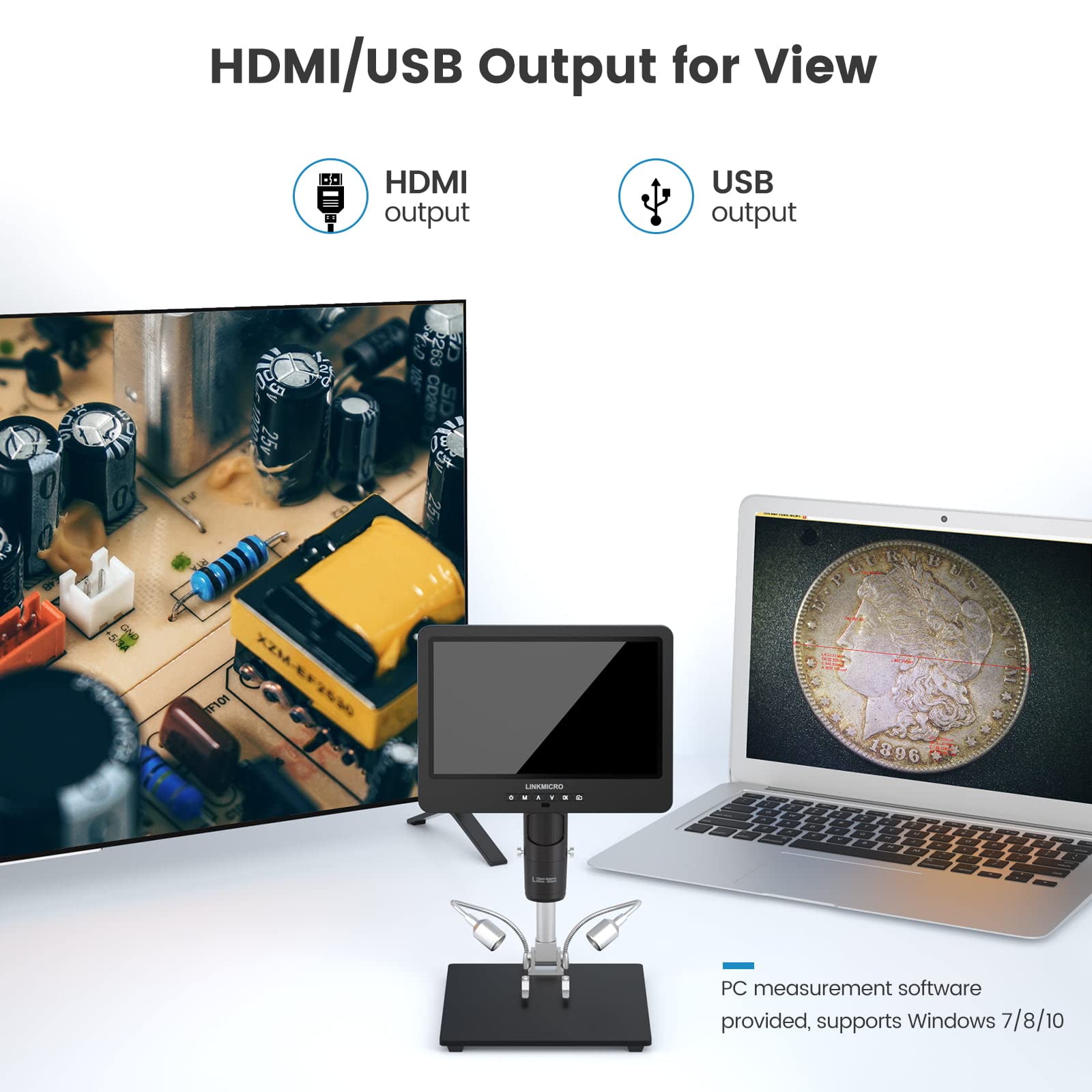 Linkmicro Lm249Ms 3 Lens 10.1' Hdmi Digital Microscope 2000X Soldering Microscope Camera For Electronic Repair, 13' Boom Arm Stand, Uhd 2160P Video Coin Microscope Full View Coins, 32Gb, Windows