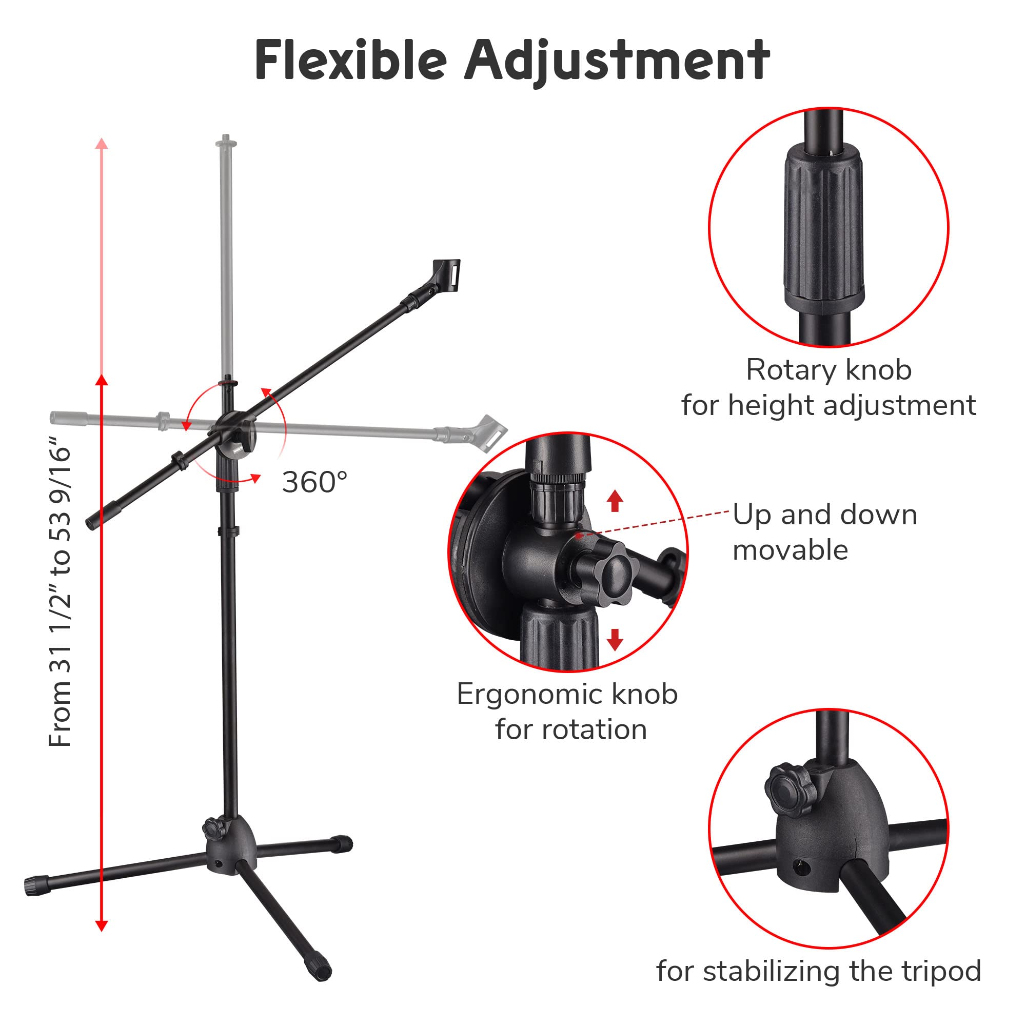 Aw 4Pcs Boom Mic Stand Floor Adjustable Height Mic Tripod Stand Dual Mic Clip Holder Folding Microphone Holder For Singing Live