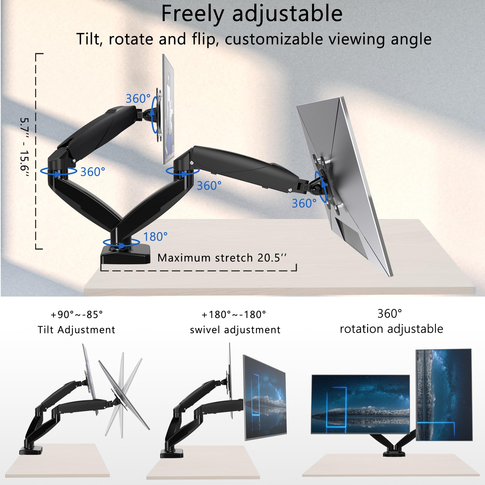 Dual Monitor Stand, Adjustable Gas Spring Monitor Arm For 15 To 27 Inch, Dual Monitor Mount Holds Max 15.4Lbs, Large Range Of Mo