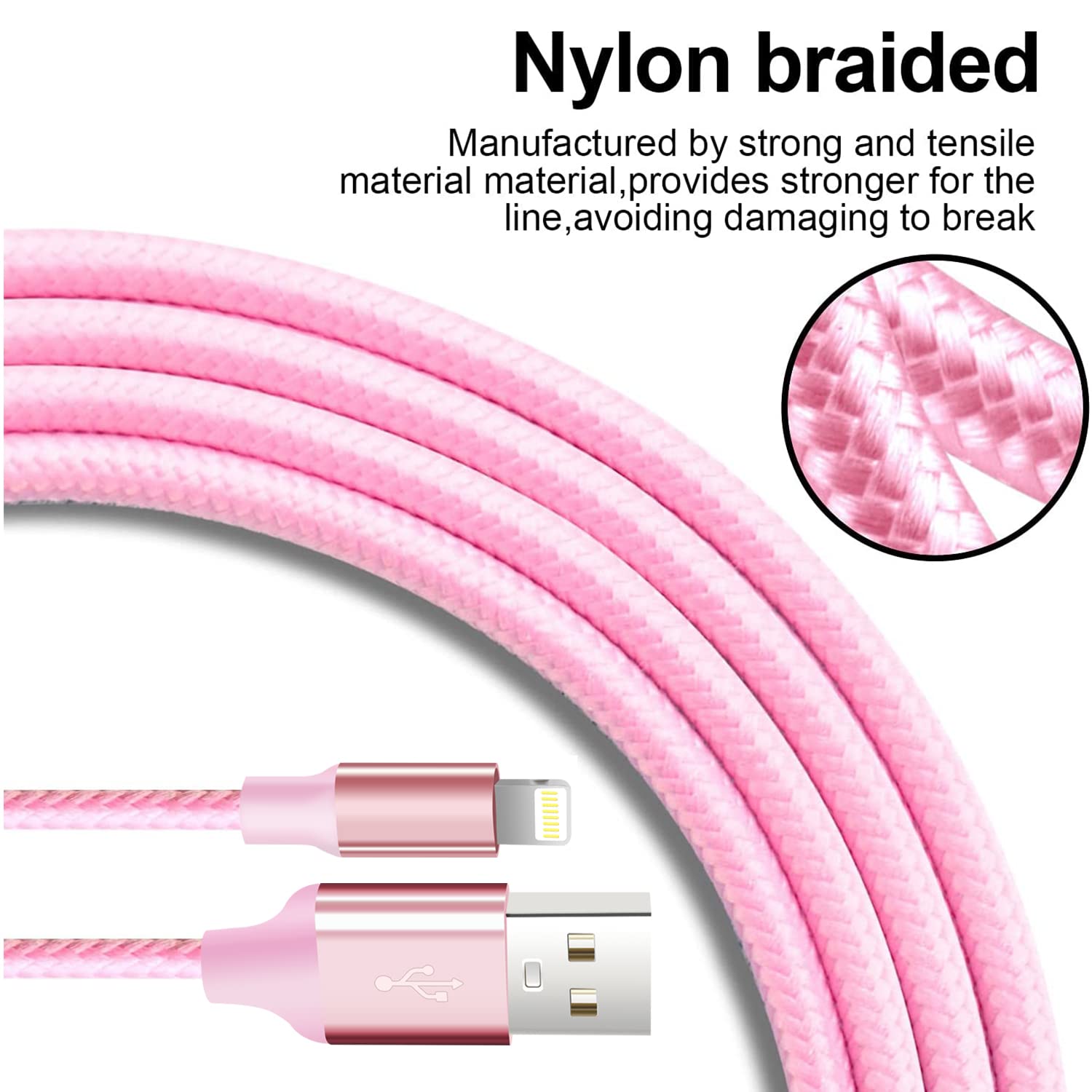 Cugunu Iphone Charger, 5 Pack 3/3/6/6/10Ft Apple Mfi Certified Usb Lightning Cable Nylon Braided Fast Charging Cord Compatible For Iphone 14/13/12/11/X/Max/8/7/6/5/Se/Plus/Ipad   Pink