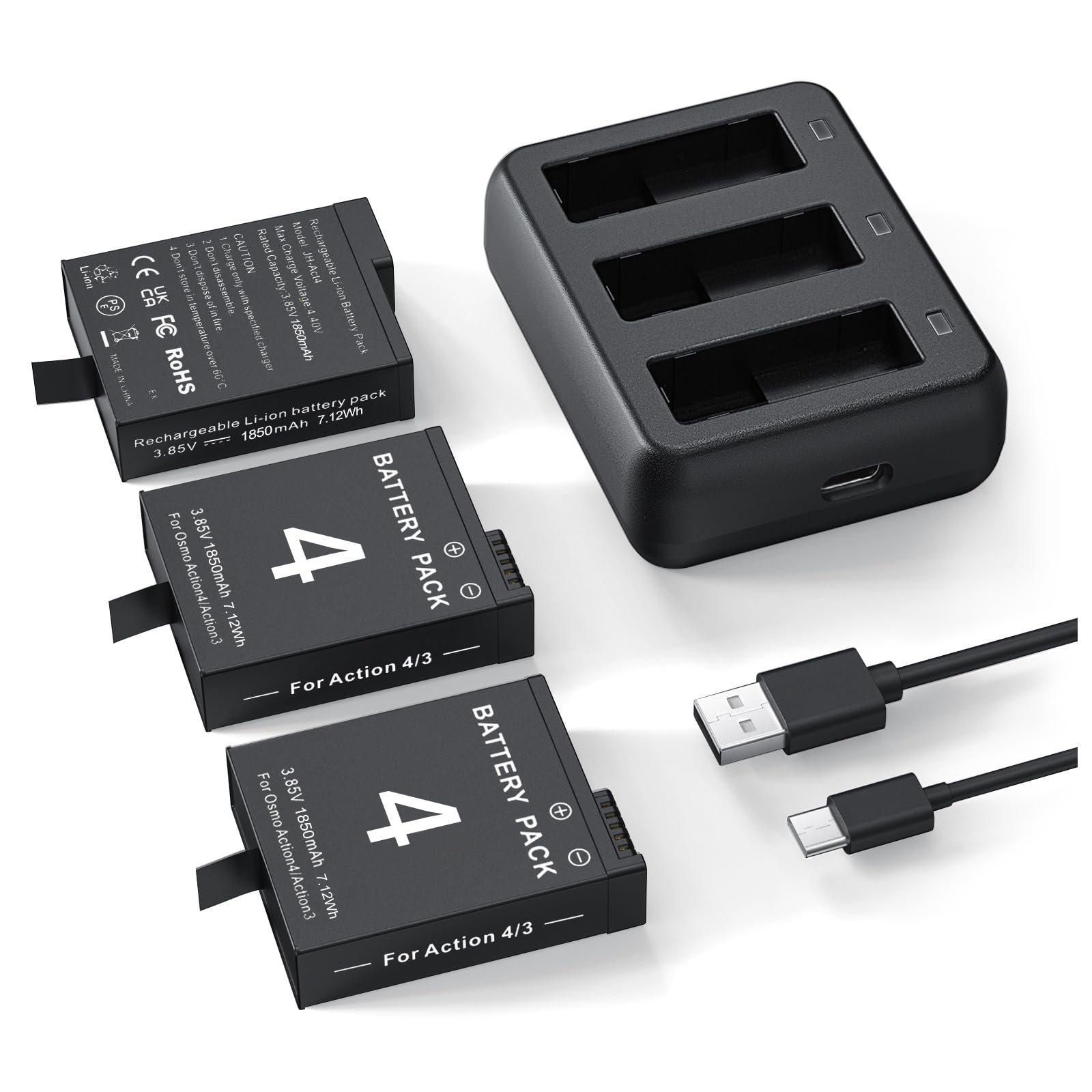 3 Packs Replacement Batteries For Dji Osmo Action 4, Osmo Action 3, 1850Mah Rechargeable Battery With 3 Channel Battery Charger,