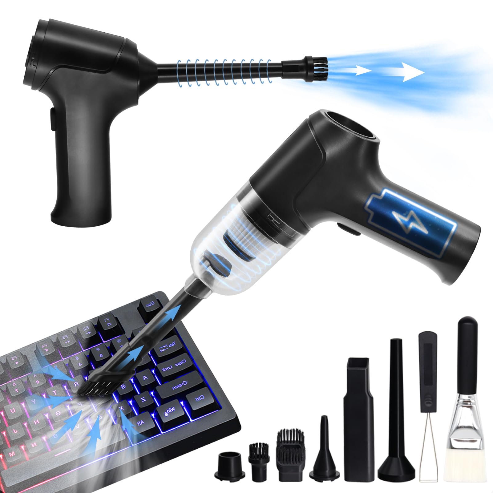 Famaster Compressed Air Duster & Mini Vacuum Keyboard Cleaner, Cordless Air Duster Canned Air Can, Electric Dust Spray, Keyboard