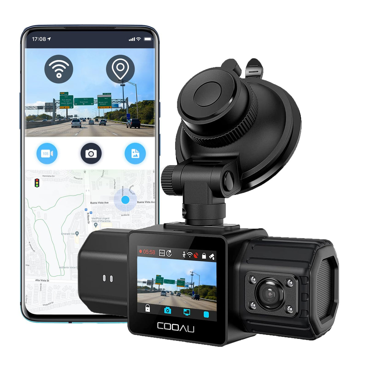 Dual Dash Cam 1080P, Cooau Dash Cam Front And Inside, Dash Camera For Cars, Perfect For Uber And Taxi Drivers, Built-In Gps And 