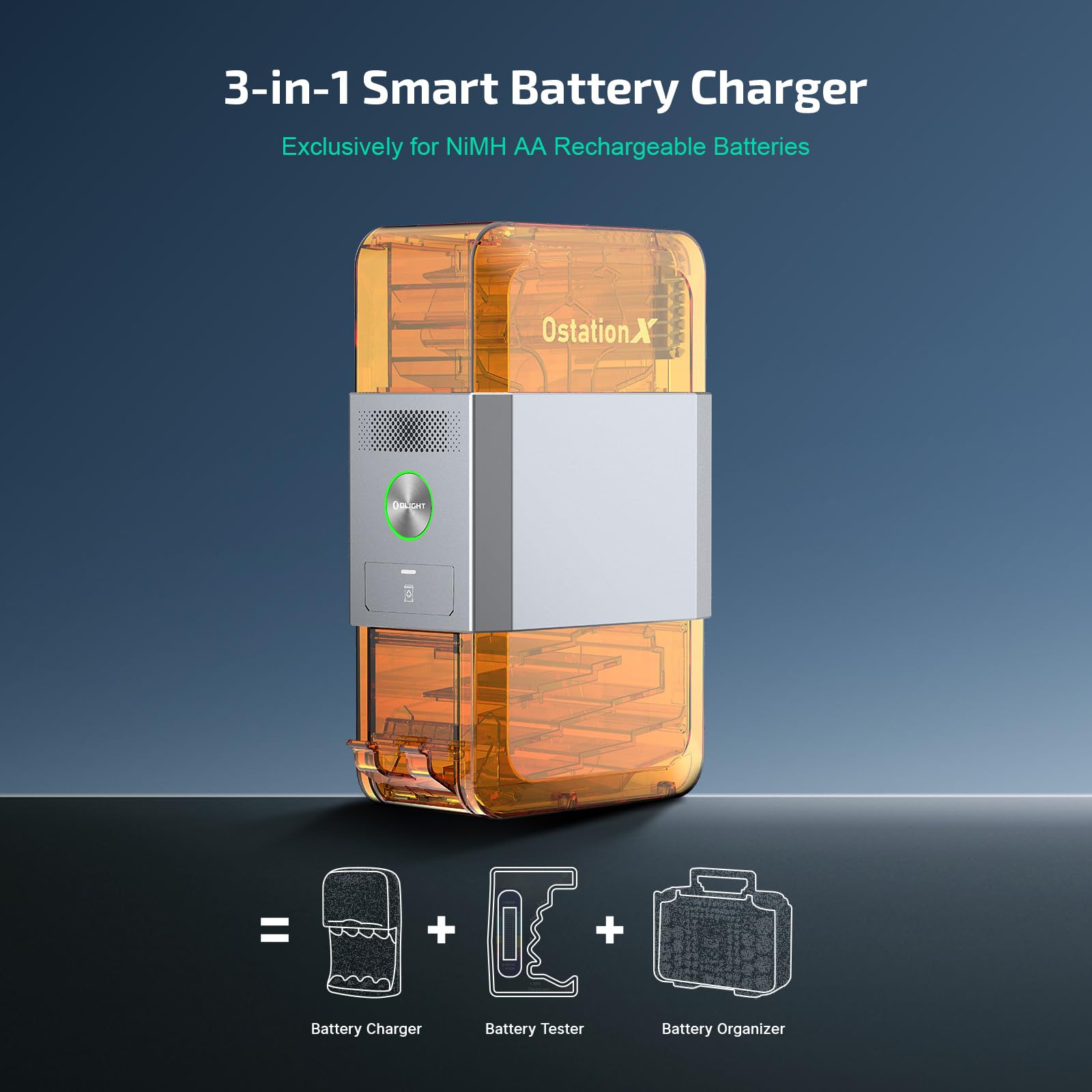 Olight Ostation X Battery Charger Exclusively For Rechargeable Aa Nimh Comes With 32 Batteries, 3 In 1 Design, Charging&Testing&