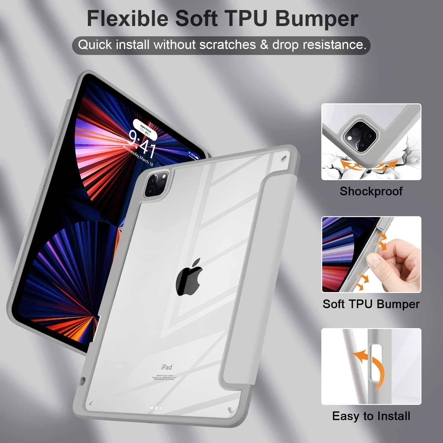 Batianda Hybrid Case For Ipad Pro 12.9 Inch 2022 M2 2021 5Th / Ipad Pro 12.9' 4Th/3Rd Gen [Built In Pencil Holder] Shockproof Cover With Clear Back Shell Tpu Bumper, Grey