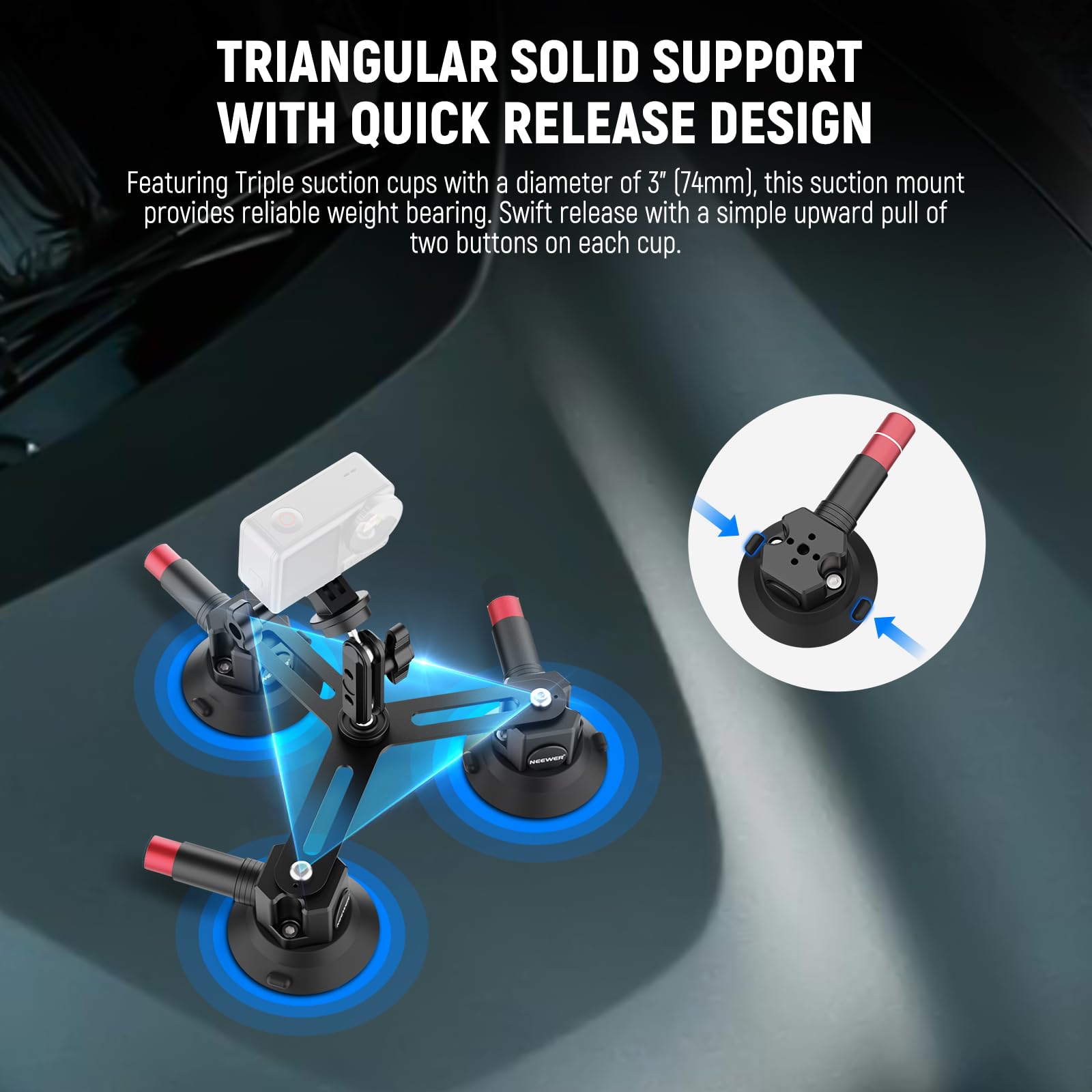 Neewer Triple Suction Cup Camera Car Mount [Simplified] With Phone Holder & Action Camera Adapter Compatible With Iphone Gopro O