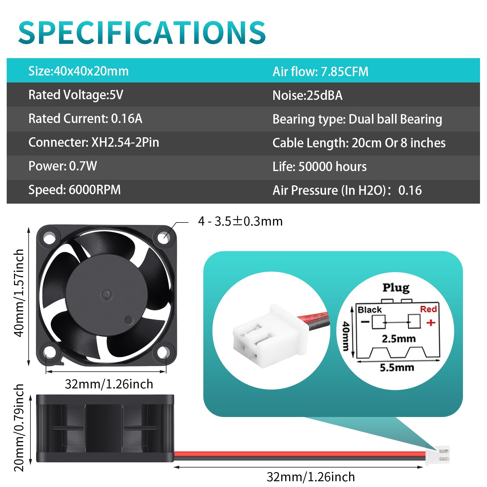 Wathai 40Mm X 20Mm 5V Case Fan Dual Ball 2Pin Dc Brushless Cooling Fan