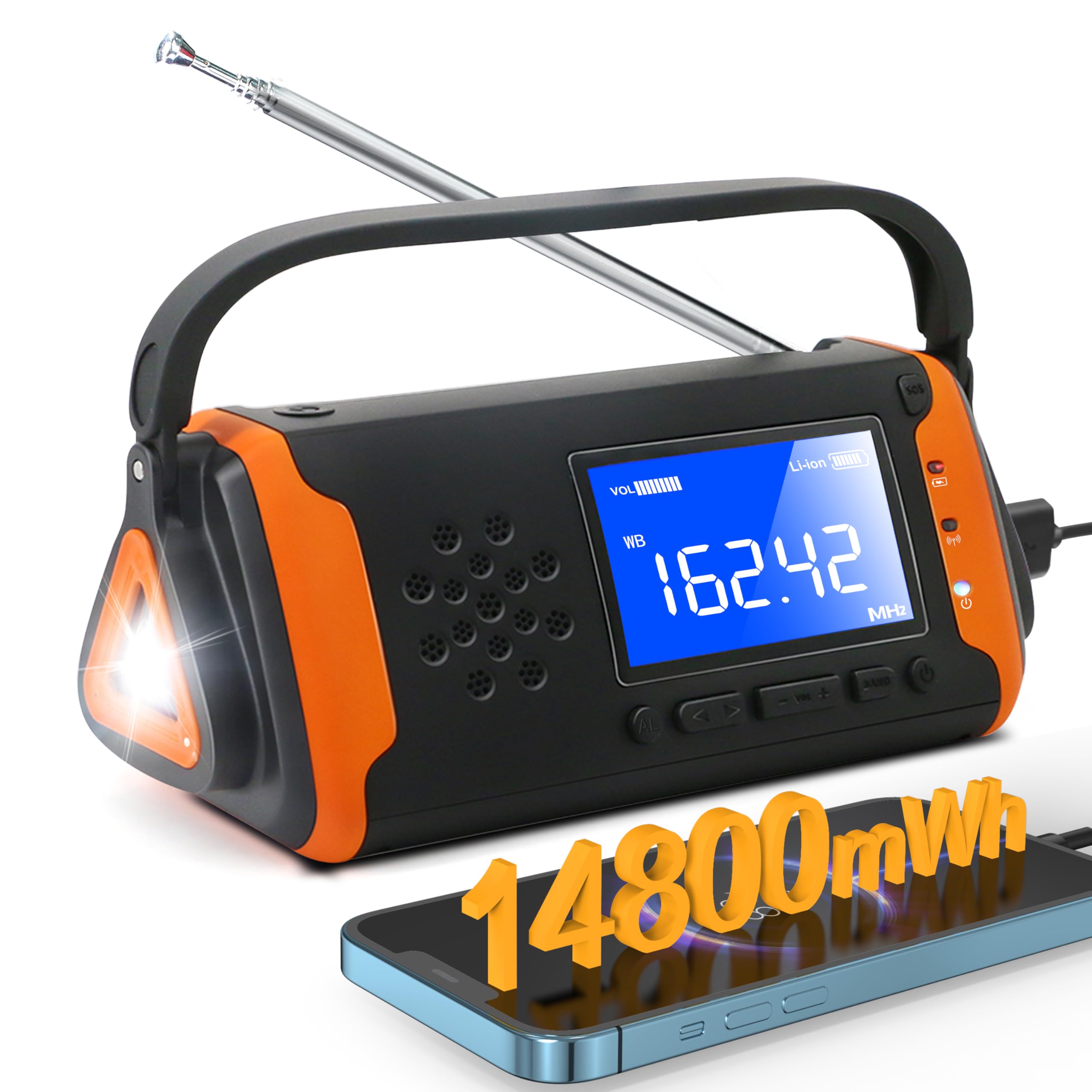14800Mwh Emergency Noaa Weather Alert Radio: Hand Crank Solar Portable Radio With Battery Operated, Lcd Display, Aux Music Play, Flashlight, Sos Alarm, Emergency Phone Charger For Outdoor Emergency