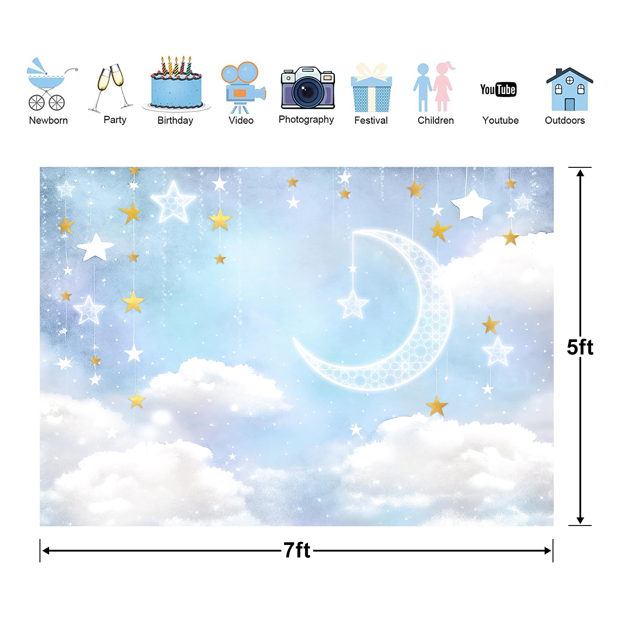 Glawry Cloud Baby Shower Boy Backdrop 7Wx5H Feet Cartoon Cute Blue White Gold Over The Moon Twinkle Star Banner Party Decoration