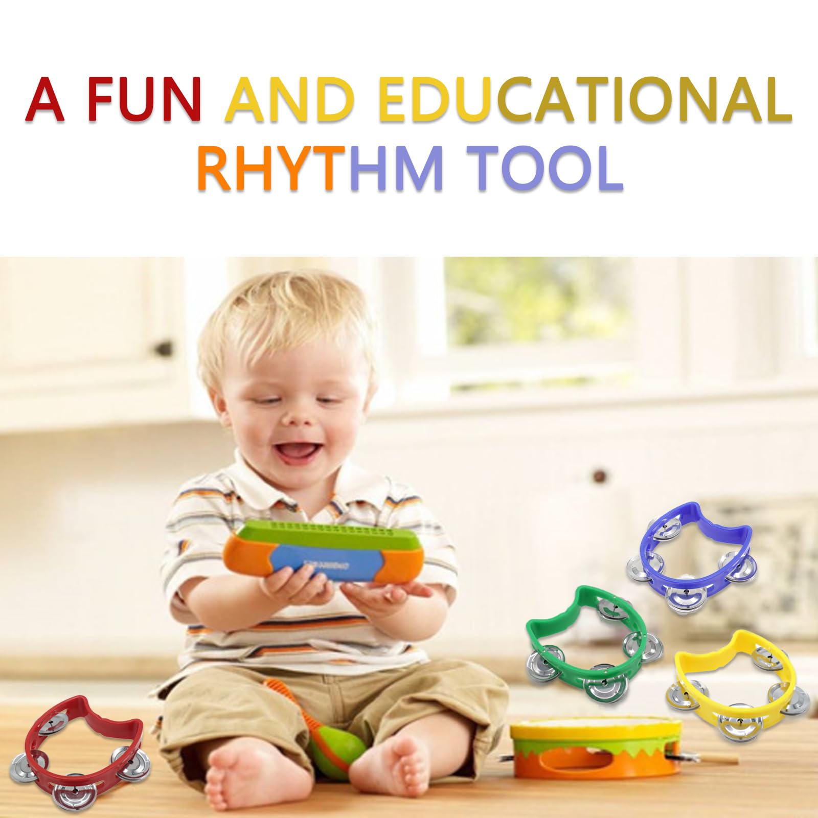 Cheerock 4 Pack Plastic Percussion Handheld Tambourines With 4 Jingle Bells, Mini Hand Bell Percussion, Musical Rhythm Instrumen