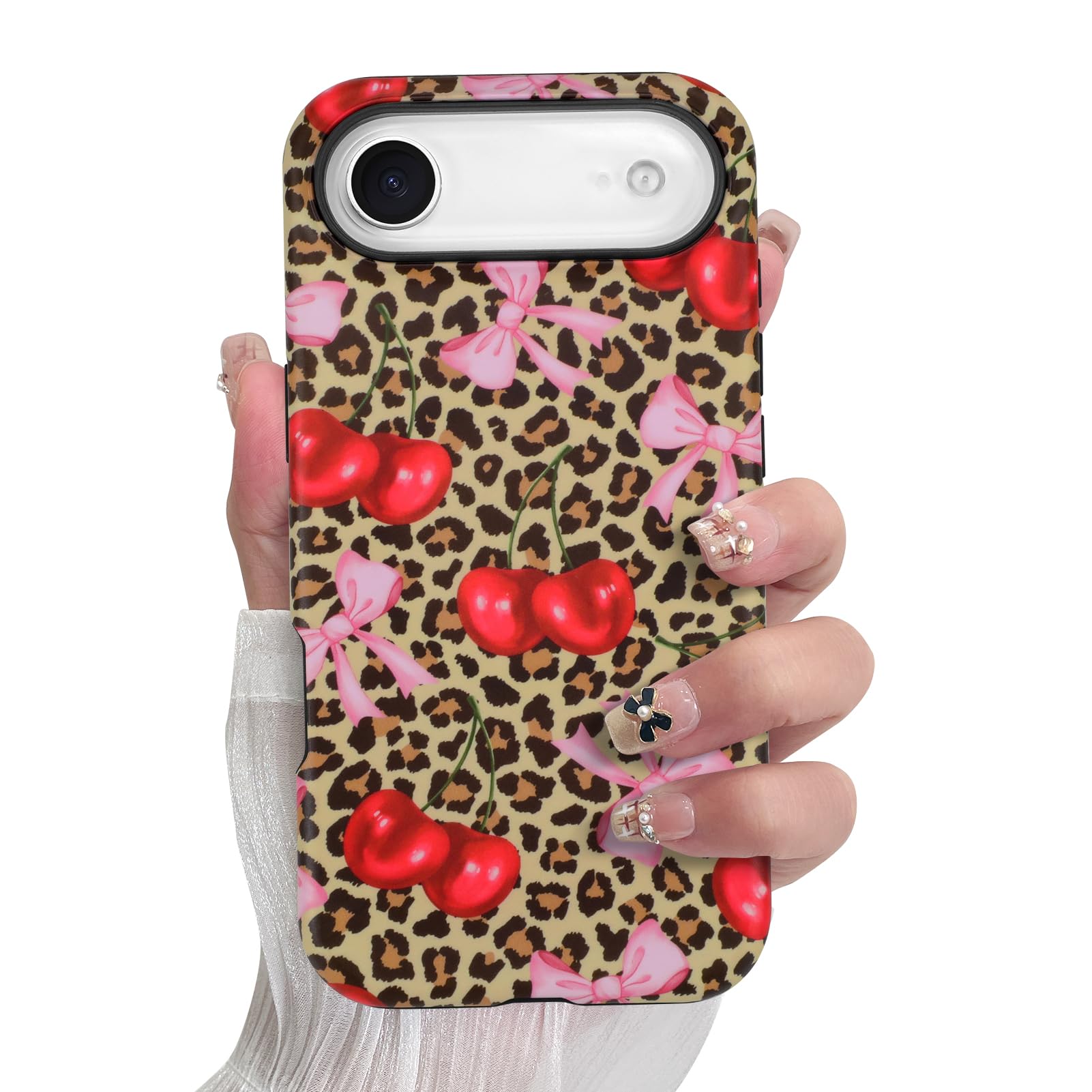 SOKAD Magnetic Cherry Bow Phone Case for iPhone Air, Cute Cherry Pink Bow Vintage Leopard Pattern Compatible with Magsafe Matte 