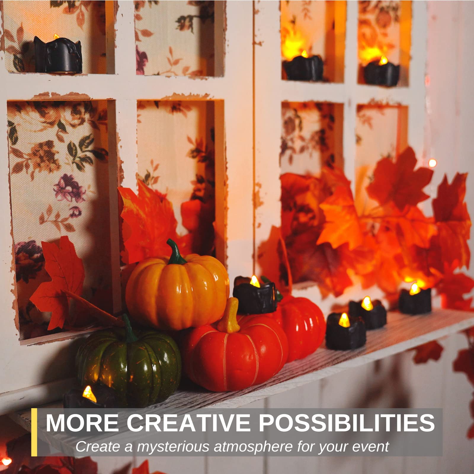 Homemory 24 Pack Melting Black Candles Battery Operated Tea Lights, Halloween Flameless Flickering Candles, Ideal For Holiday De