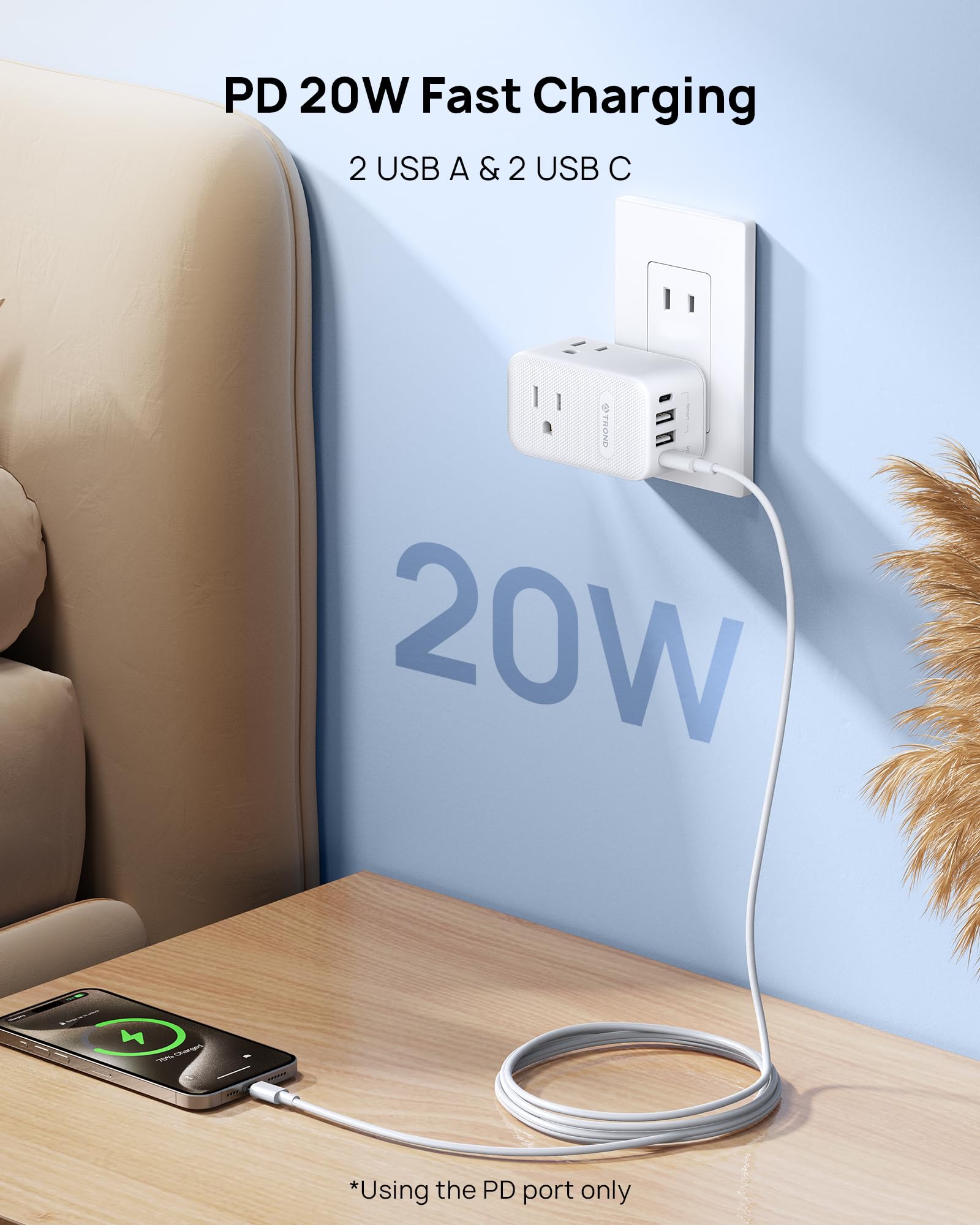 Trond 2 Prong To 3 Prong Outlet Adapter With 360 Rotating Plug, 3 Ac Power Splitter With Usb C Pd20W, Travel Plug Adapter For Us