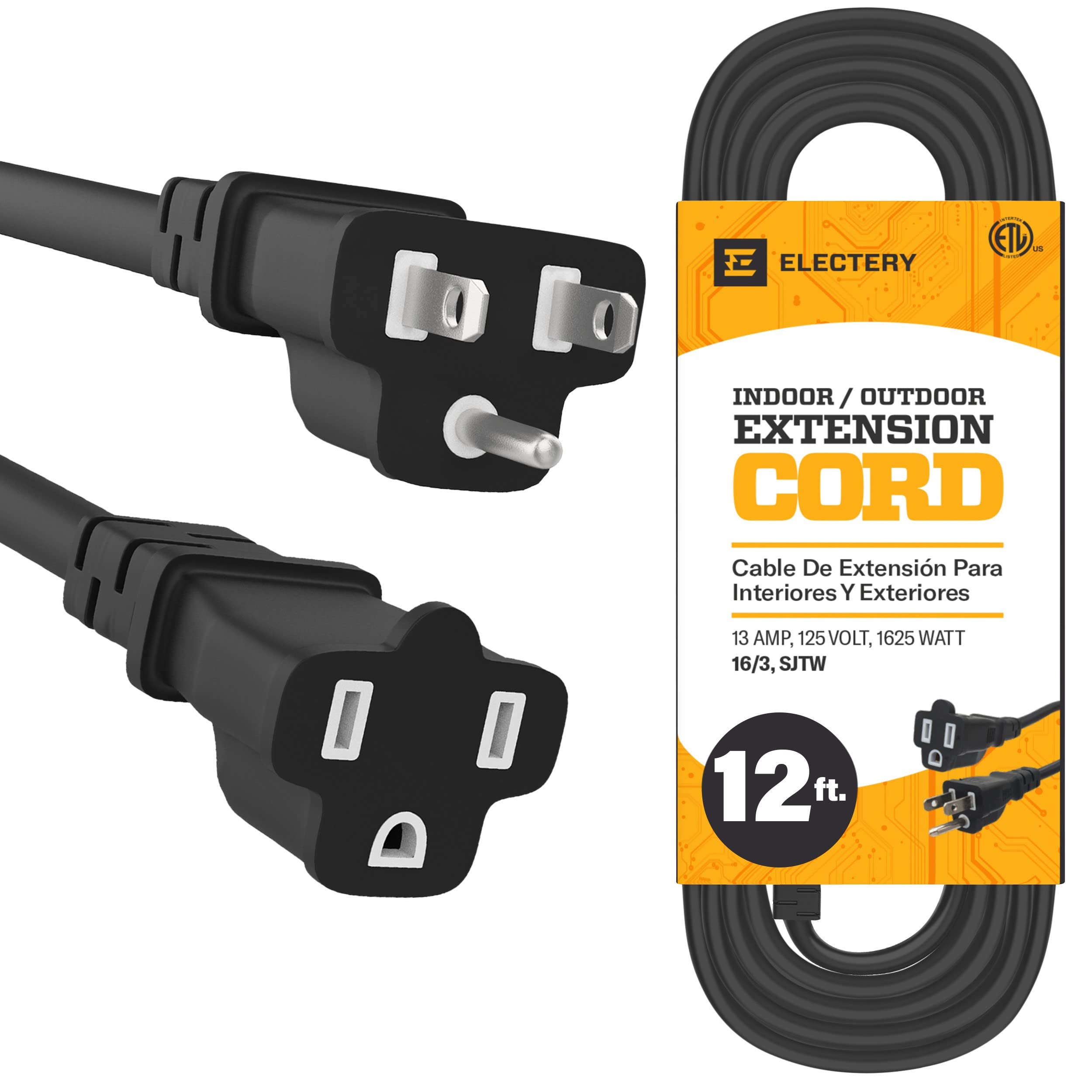 Black Extension Cord 12 Ft 16/3 Sjtw 3 Prong Outdoor Extension Cord 10+ Ft   13 Amps, 125V, Power Cord   Flexible Waterproof Wea