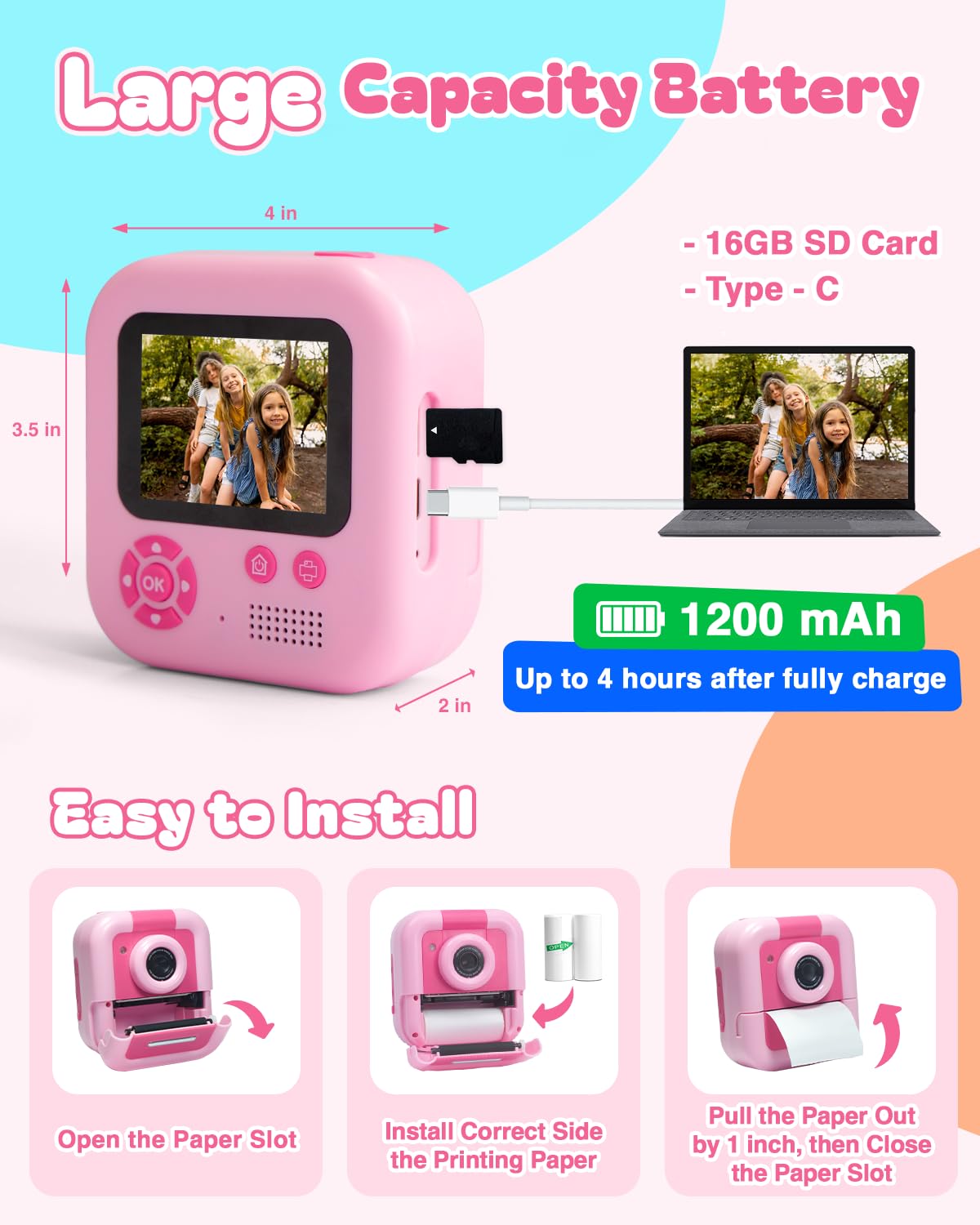 Prizedhome Instant Print Camera For Kids, Polaroid Camera With 16G Sd Card And 1080P Hd Digital Recording Camera,Portable Toy,Bi