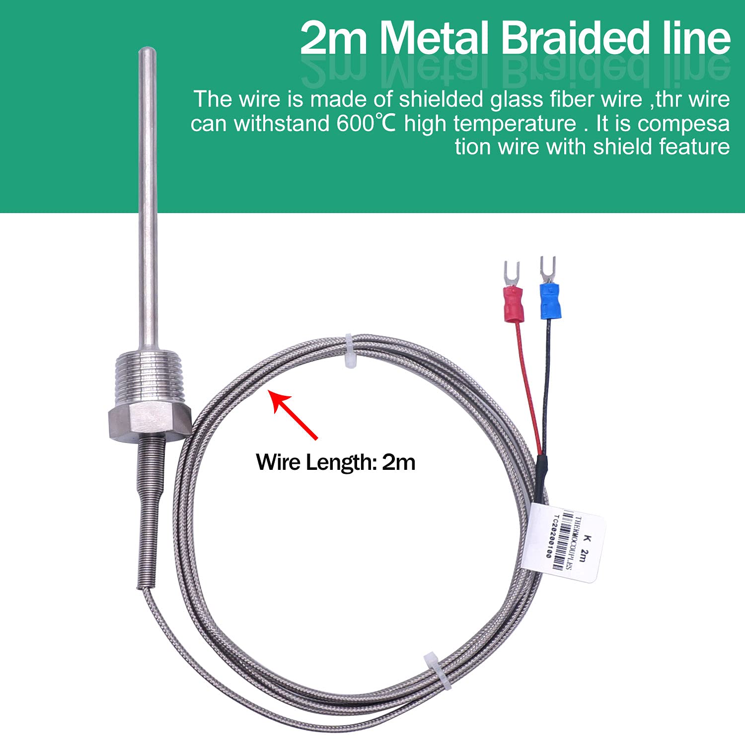 Twidec/2M Npt 1/2''Inch (6X100Mm) Pipe Thread Temperature Sensor Probe Two Wire Temperature Controller (0~600?) 304 Stainless St